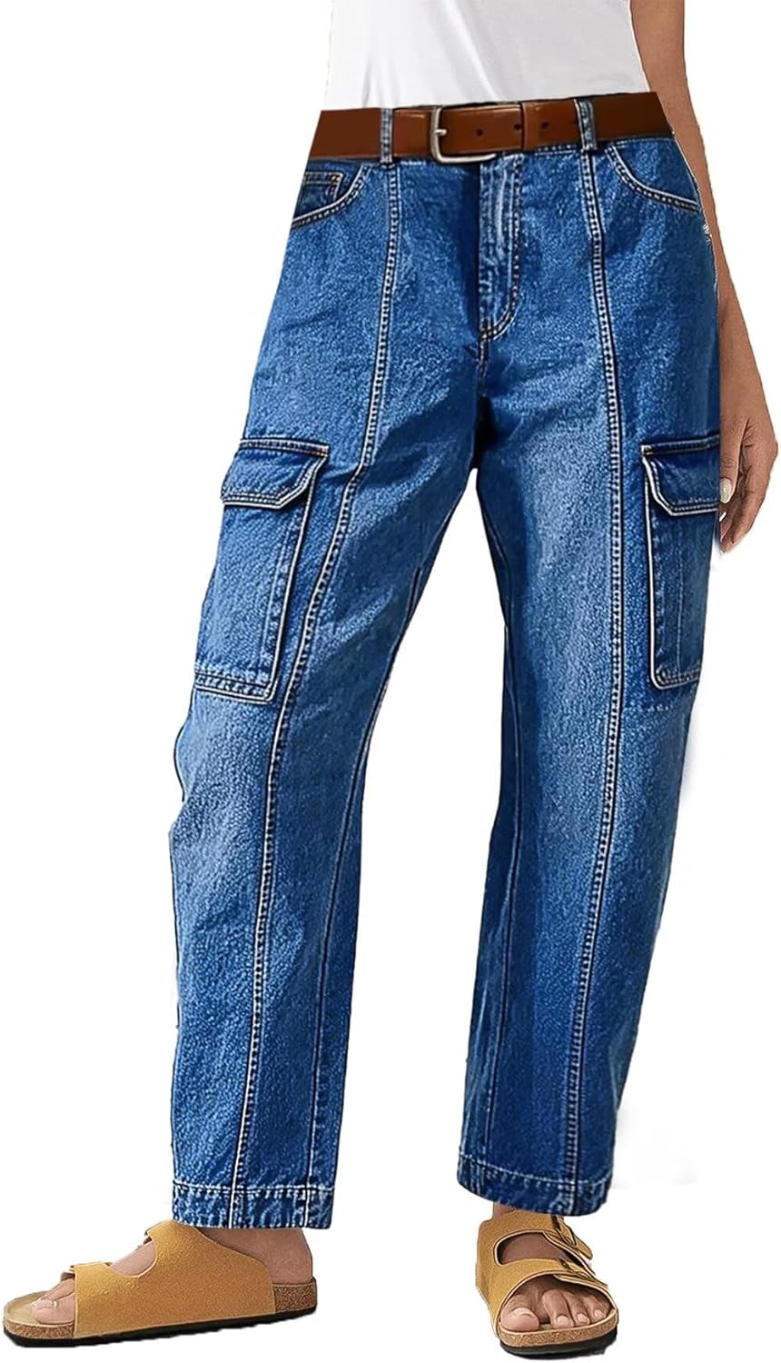 Flamingals Straight Leg Jeans for Women Mid Rise Barrel Cropped Casual Stretchy Wash Cargo Denim Jeans Without Belt