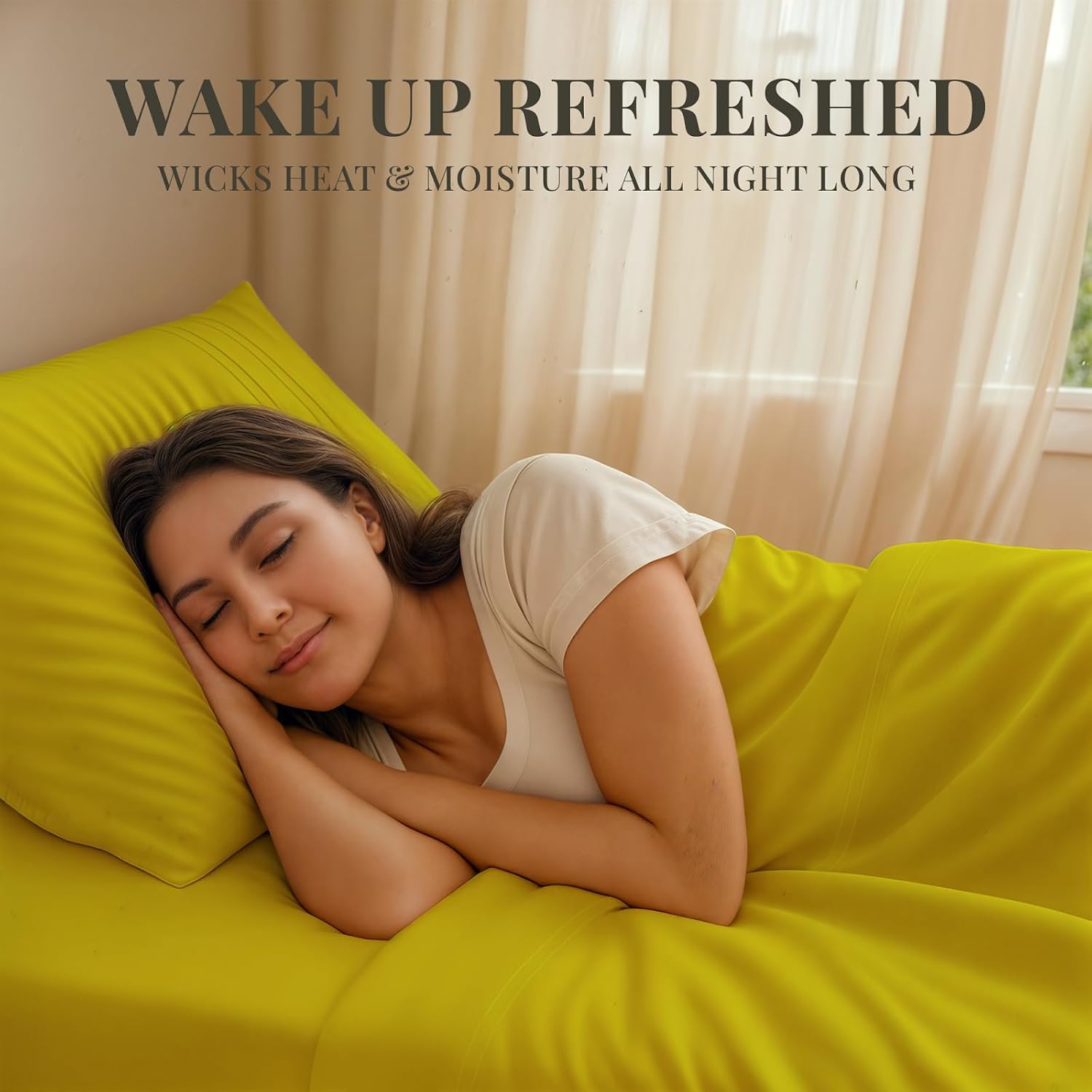 Sacred Thread Rayon Derived from Bamboo Sheets Split King Size, 18'' Deep Pocket Cooling Sheets for Hot Sleepers, 7 PC Cooling Sheets, Split King Size (Yellow)