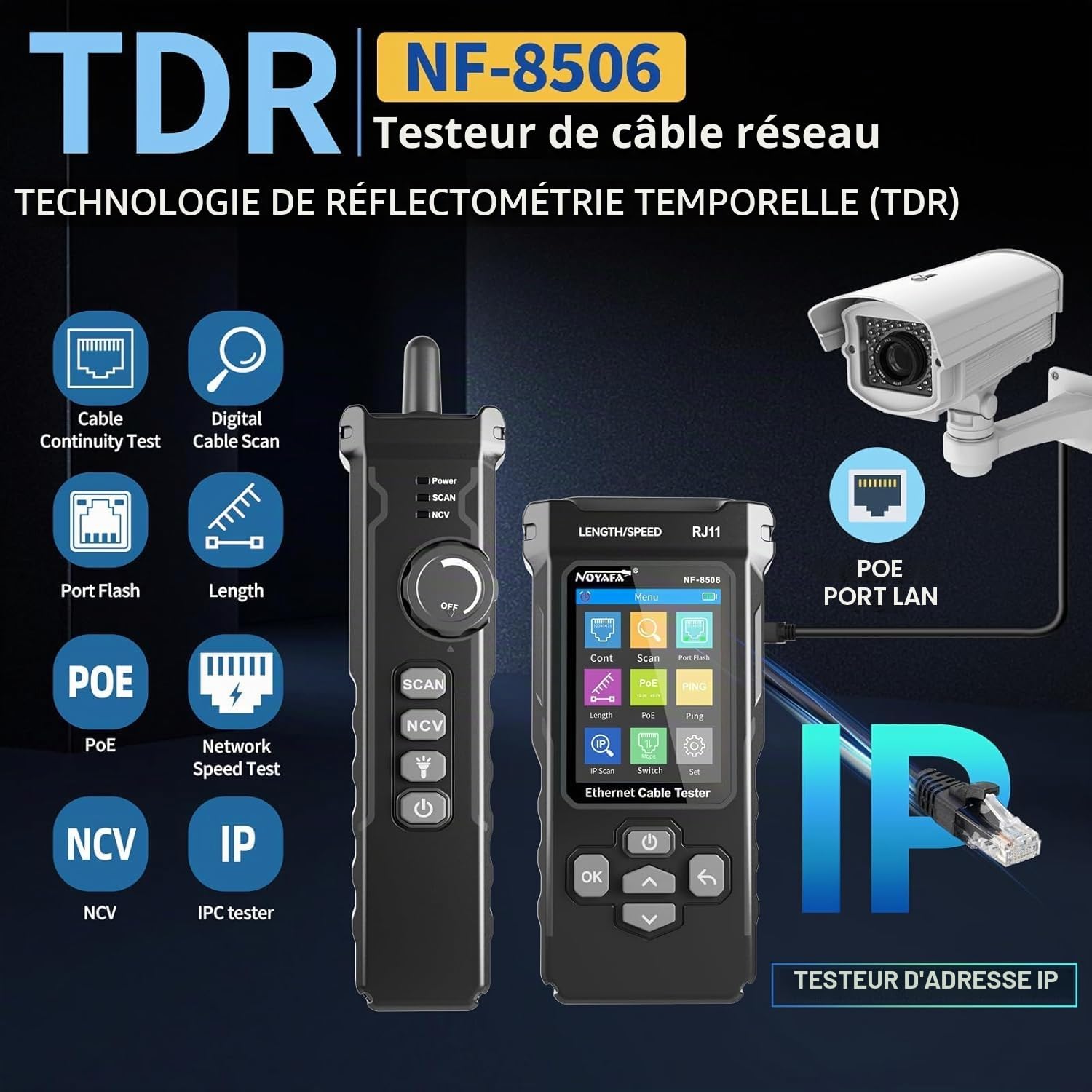 NOYAFA NF-8506 Testeur de Câbles Réseau – Testeur Ethernet avec Ping, Scan IP & TDR, Test de Débit Réseau, Clignotement de Port, Détecteur de Câbles RJ45 RJ11, CAT5 CAT6