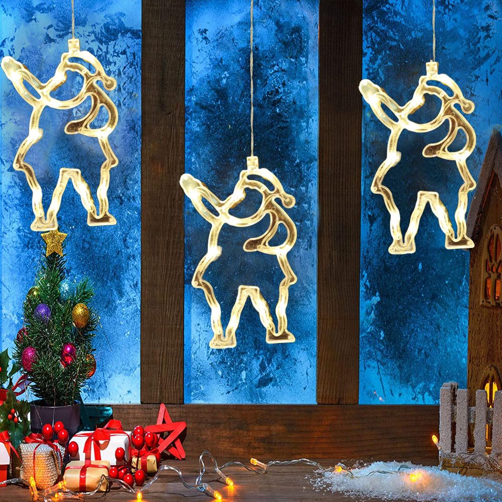 3PCS Christmas Window Lights Decorations, LED Hanging Lights with Suction Cups, Battery Operated Xmas Window Light, 8 Lighting Modes, Warm White Glow for Indoor Holiday Decor (D)