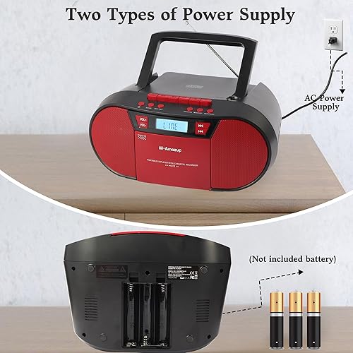 Miniatura 7 de Boombox - Reproductor de CD portátil, reproductor de cassette con CD MP3, Bluetooth, AUX TF, USB, radio FM, alimentación ACDC, caja de auge con