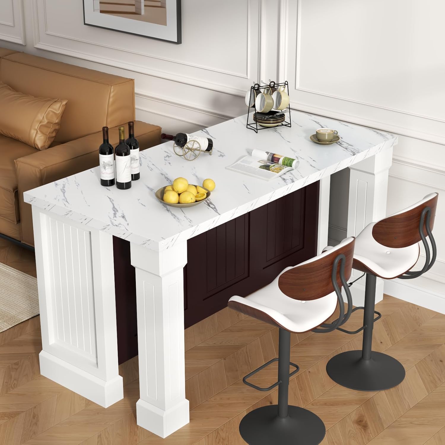 Gyfimoie 63" Large Imitation Marble Dining Table with Roman Column,36" H Island Table with Charging Station,Mordern Kitchen Island,Home Bar Unit for Home Kitchen, Living Room, Balcony, Basement