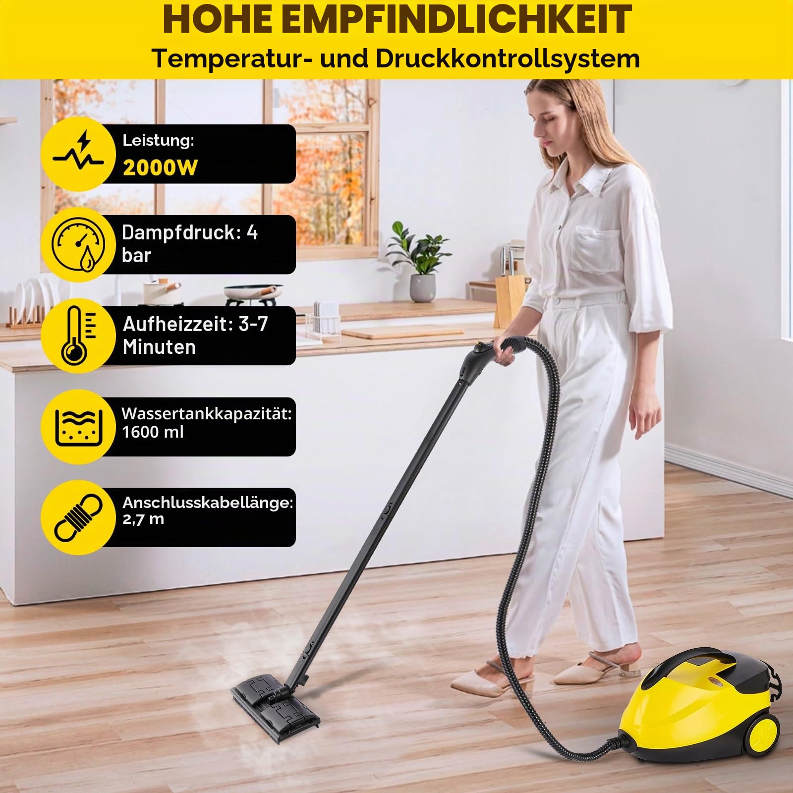 Dampfreiniger Nexalite 2000W, 4 bar, 1600 ml Tank, 16-teilig | 3–7 Min Aufheizen, 4 bar Tiefen-Dampf, 1600 ml Tank; 16 Aufsätze für Fliesen/Fugen, Fenster, Polster & Auto-Innenraum