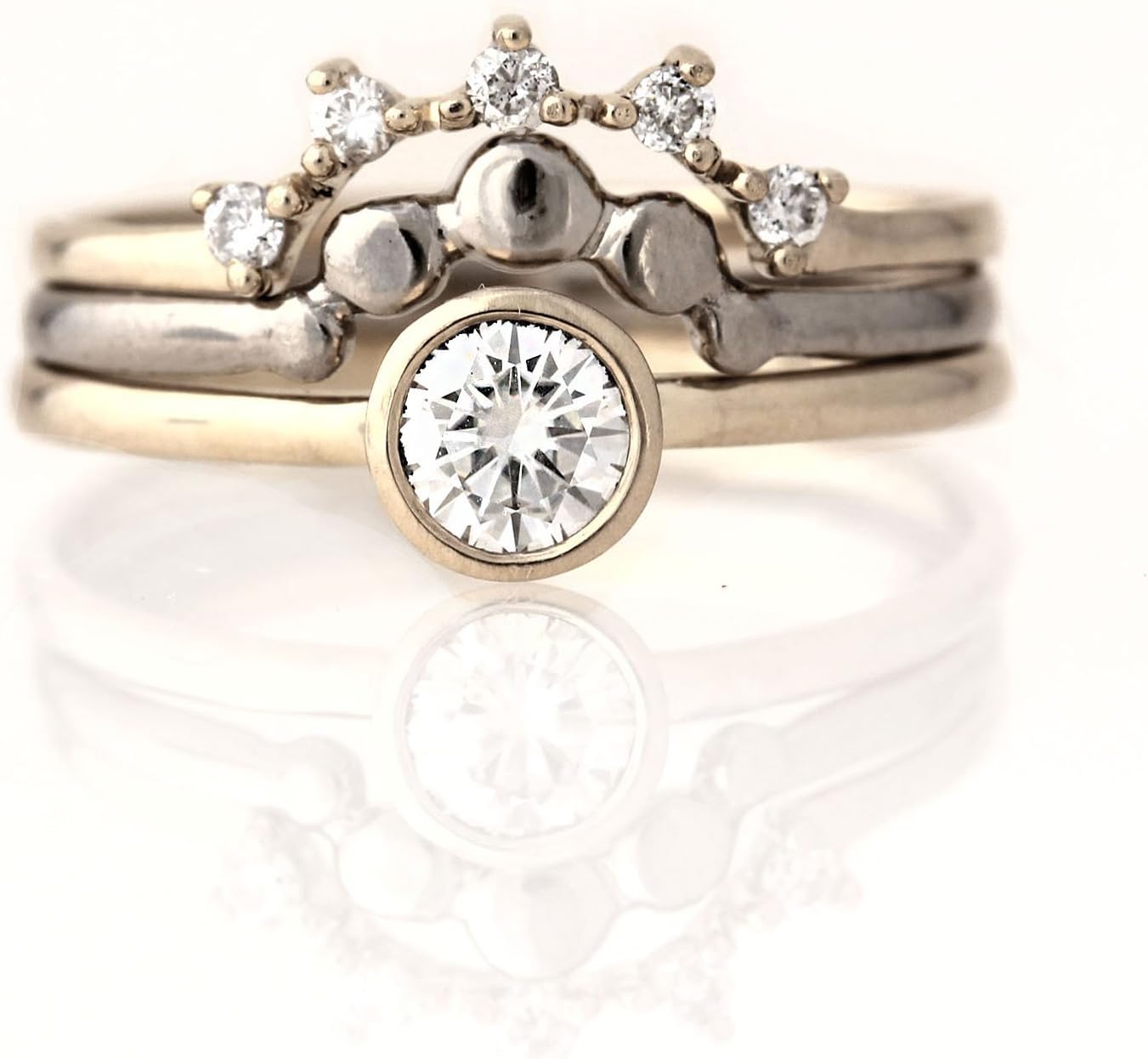 Petite Moissanite Matching Halo Stacking Ring Band Set - Low Profile Engagement Ring Wedding Band - 14k Yellow Gold, Palladium White Gold