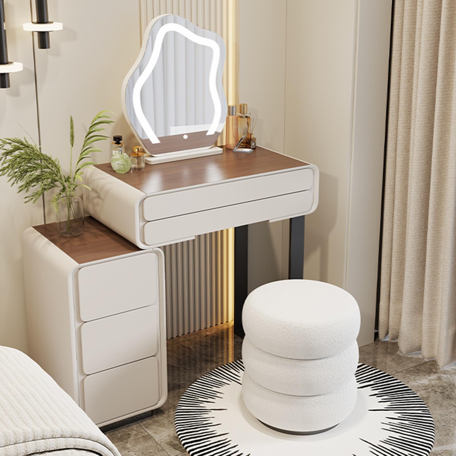 asdchZen Modern Set With Led Mirror Wooden Makeup Table & Cushioned Stool For Small Bedrooms-Compact Grey Vanity Desk