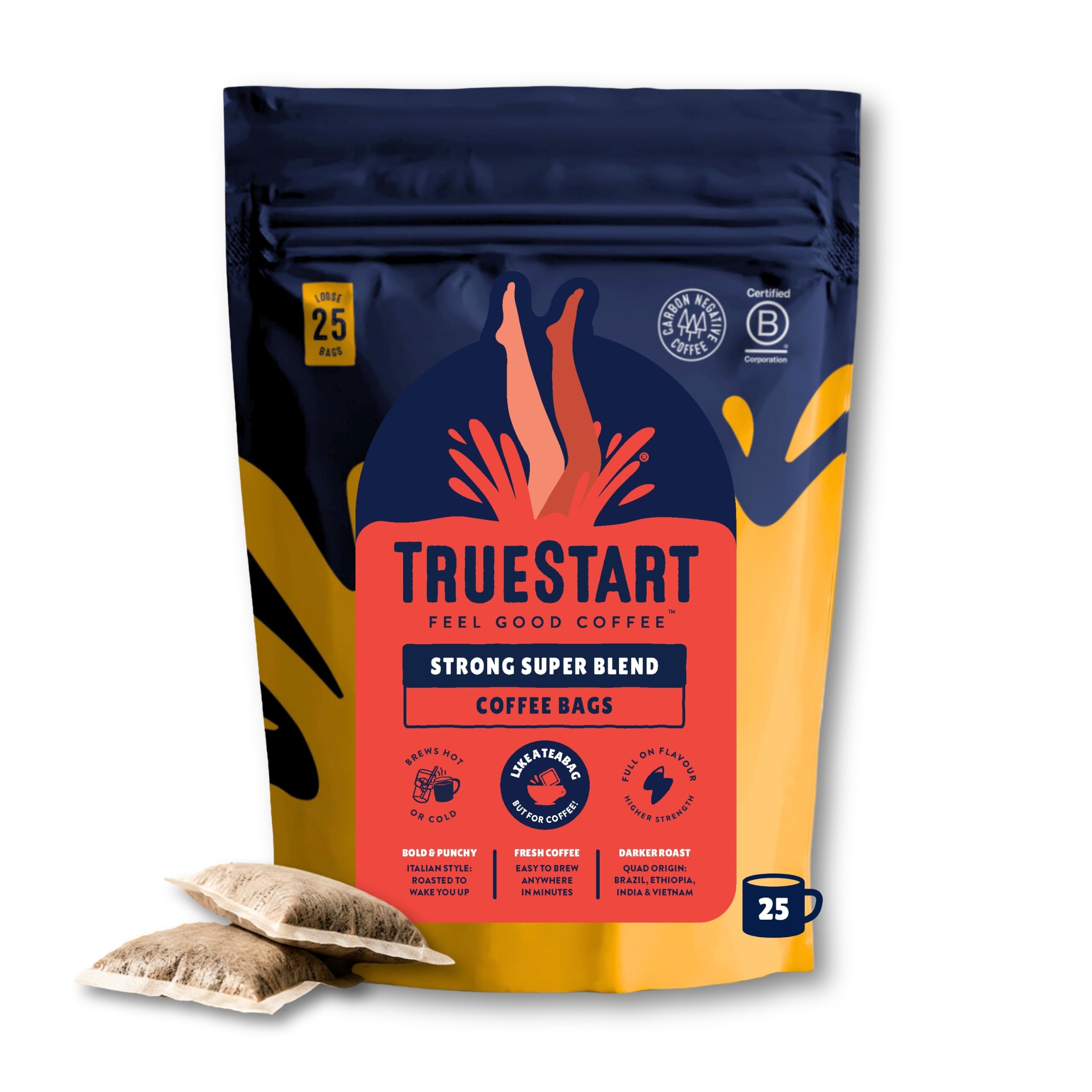 TrueStart Coffee Bags, Super Blend Strong, 1 Pack, 25 Loose Bags | Quick Steep, Individually Wrapped, 50:50 Arabica & Robusta - Mycotoxin-Free & Antioxidant Rich Coffee