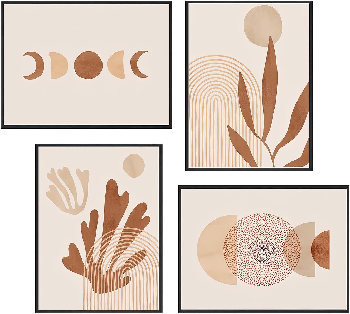 LEYIARTT Set of 4 Abstract Boho Wall Decor, Frame Wall Art Canvas Painting Coral Lines Beige Sun Rainbow, Posters And Prints Pictures for Home Living Room Bedroom Decoration