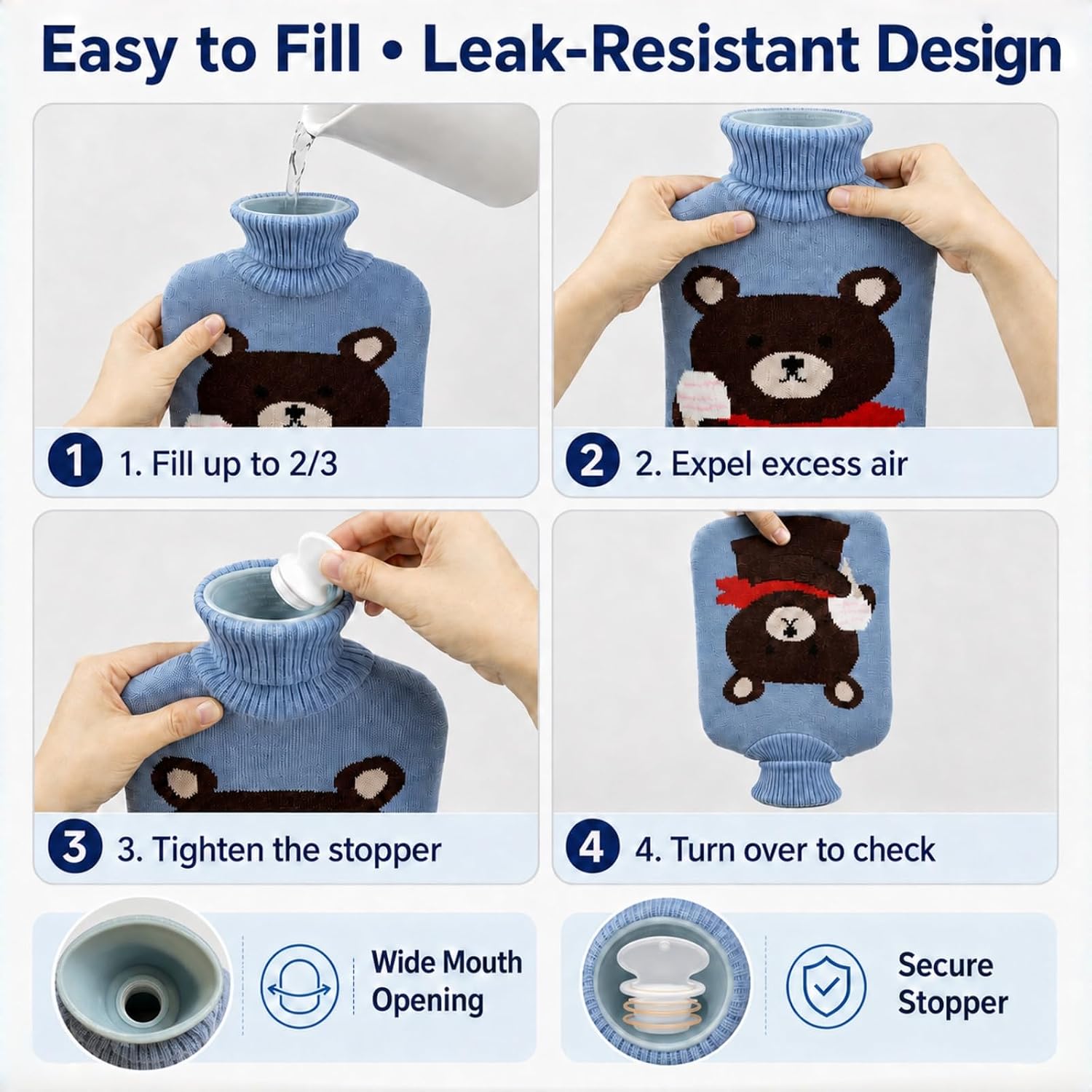 Hot Water Bag Hot Water Bottle 2 Liter Heat Up and Refreezable Hot Cold Pack with Knit Cover for Pain Relief Hot Cold Therapy, Cartoon Bear