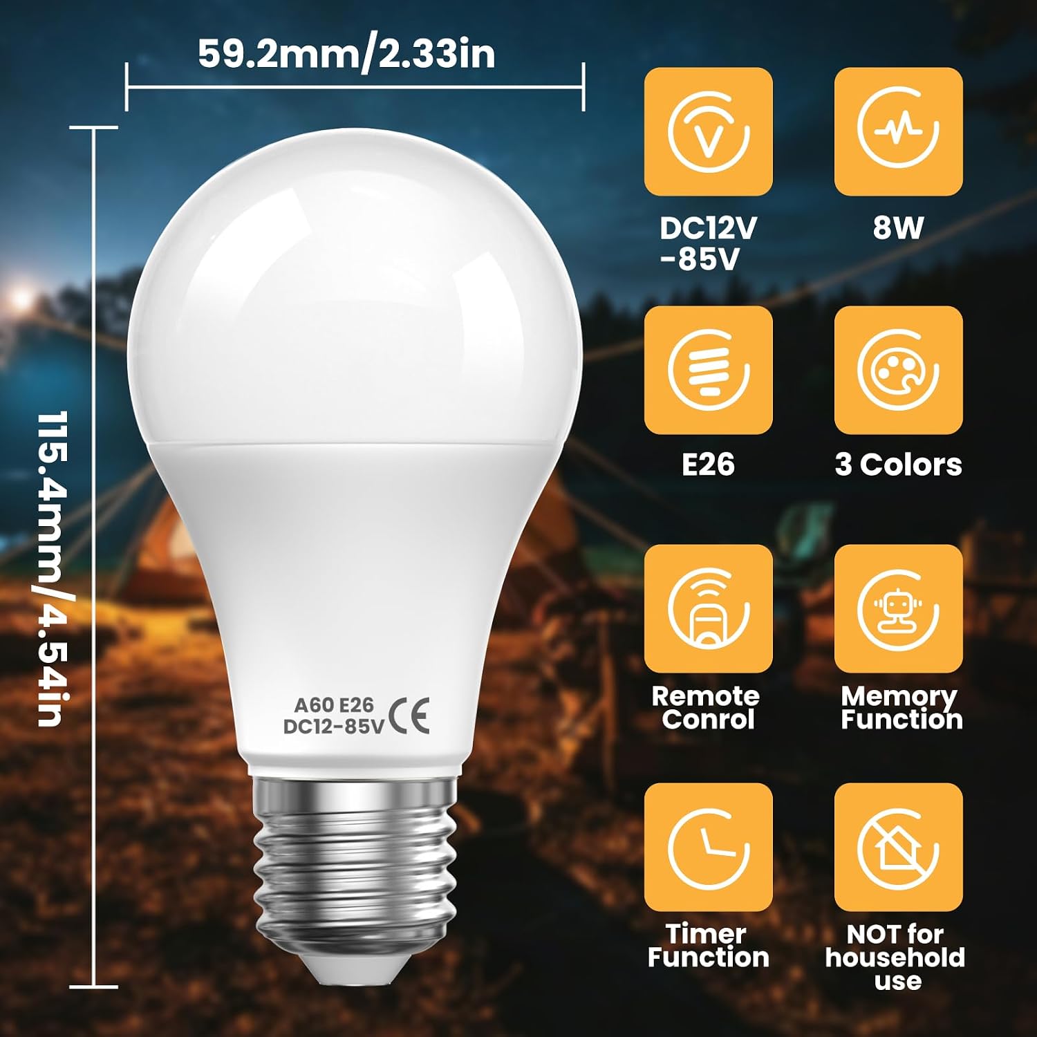 8W E26 12V-85V Led Low Voltage 12V 24V 36V 48V Light Bulb with Remote Control, 60W Equivalent Edison Screw Light Bulb, Ideal for Off-Grid Solar Battery Systems, RV Camper, Marine Lighting