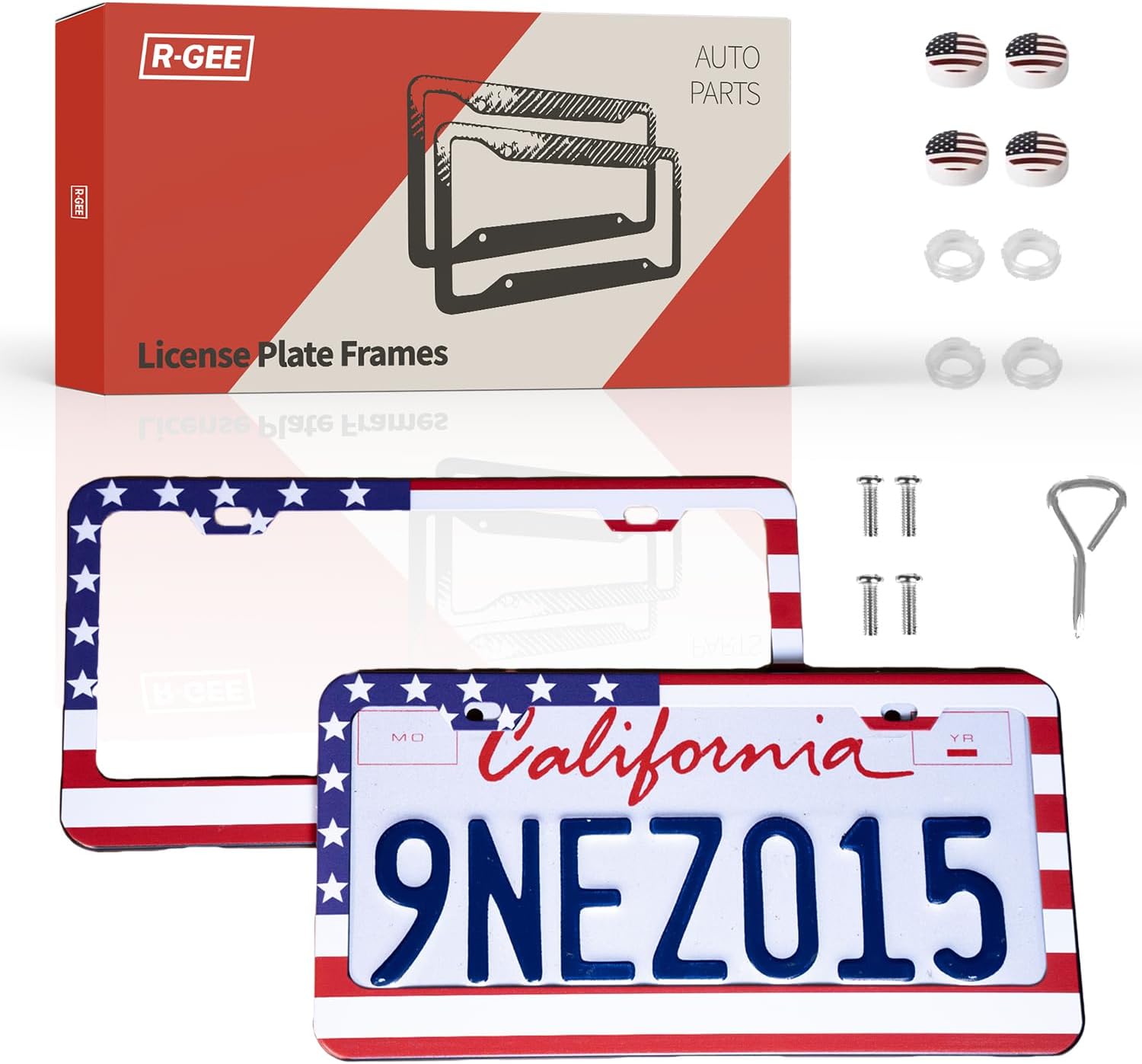 2 Pack License Plate Frames, Stainless Steel Car License Plate Cover Automotive Exterior Accessories with Screw Caps (Red and Blue)