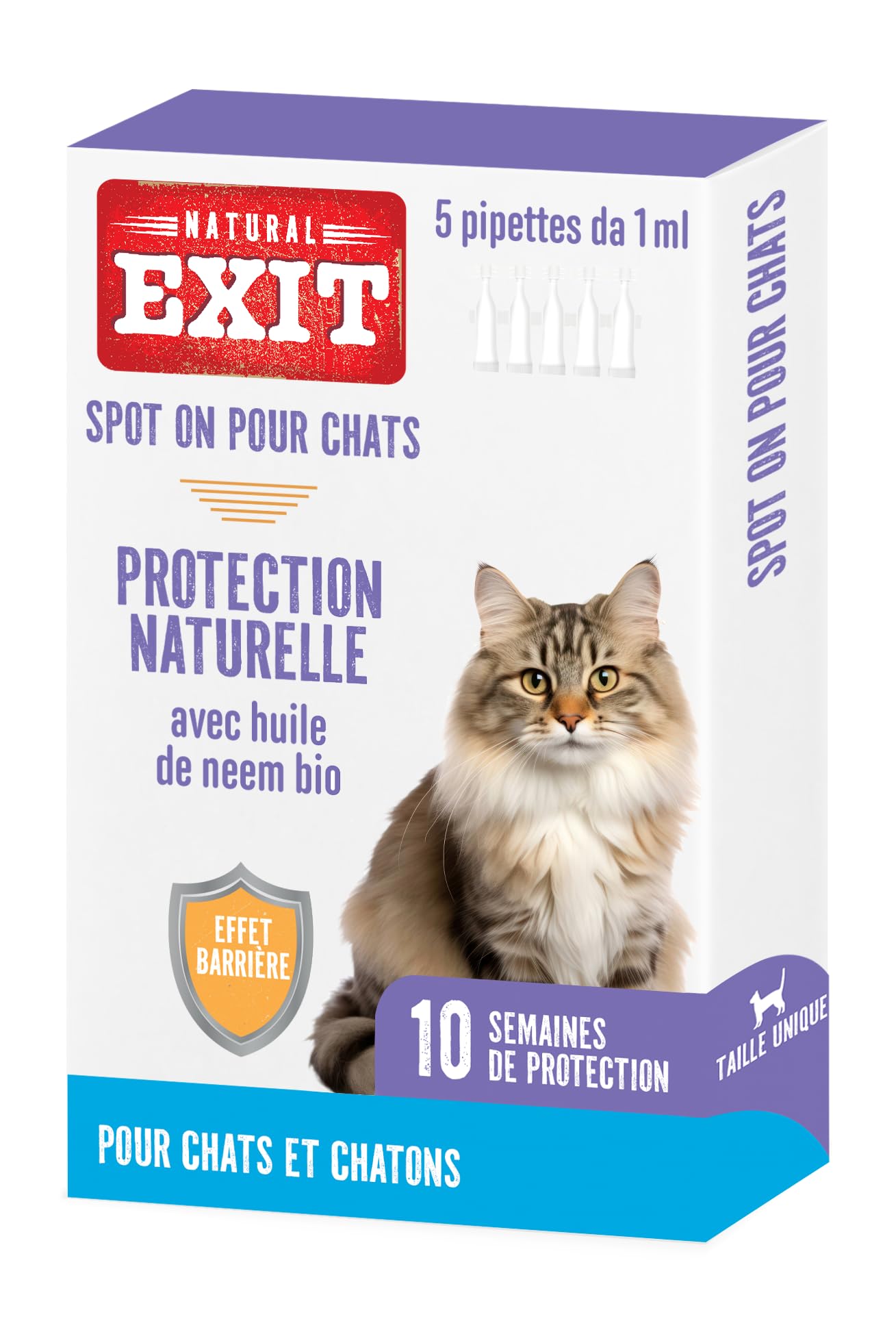 Spot on Antiparasitaire Naturel pour Chats et Chatons de Longue Durée, 5 Pipettes de 1 ML, Protège Contre Les Puces, Tiques, Phlébotomes et Moustiques