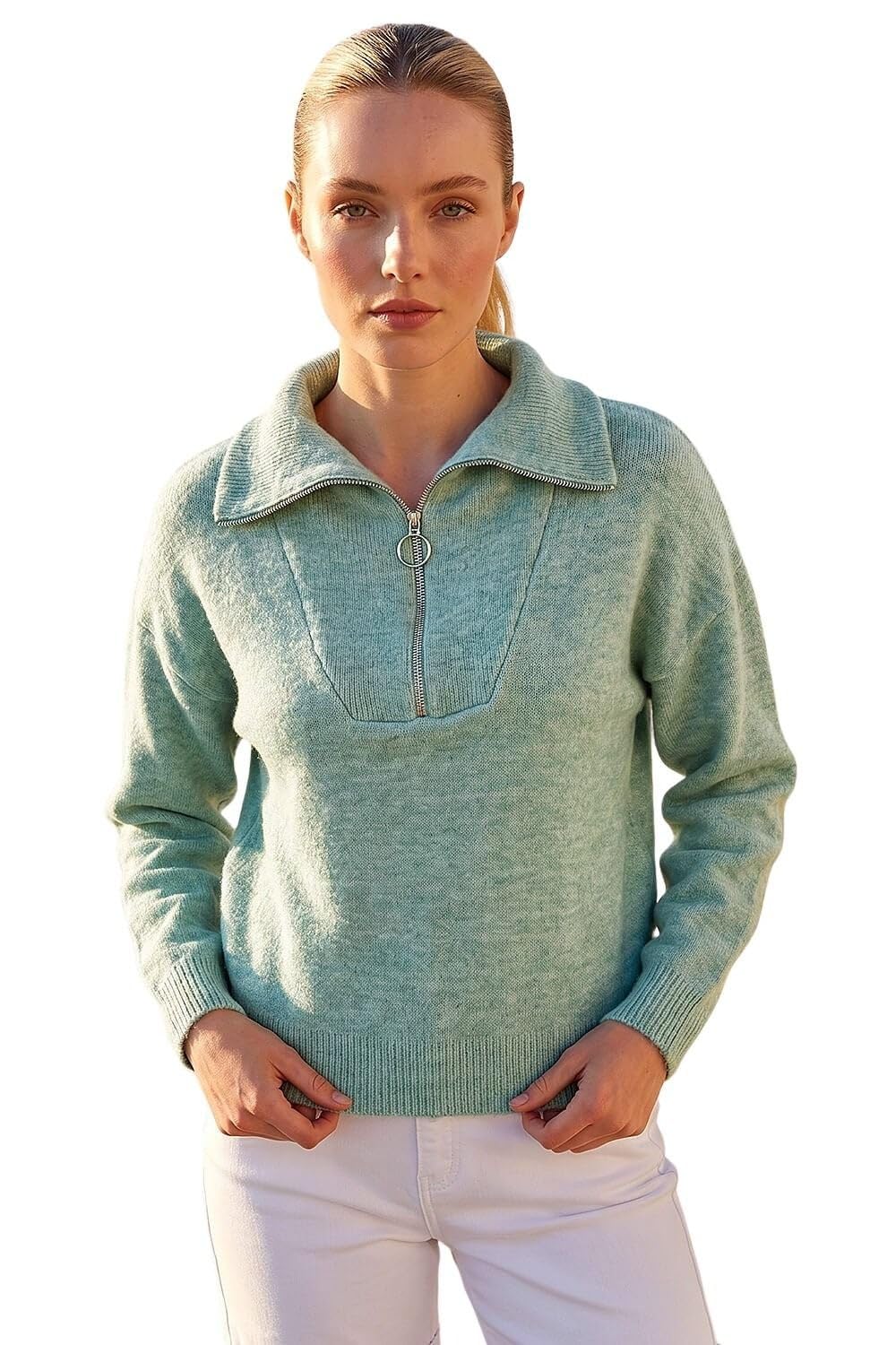Roman Originals Women's Steel Blue Collar Zip Neck Knit Jumper For Uk - Everyday Autumn Winter V-Neckline Comfy Soft Evening Vacation Work Party Night Out - Size S