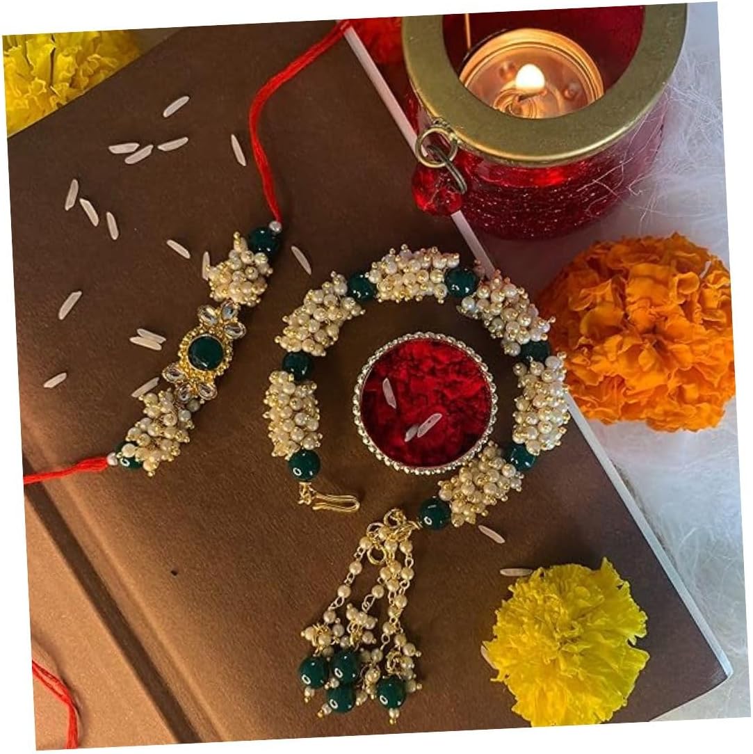 I Jewels Indian Festival Designer Bhaiya Bhabhi Hanging Lumba Rakhi Combo Set for Rakshabhandan Special (R011-23-CO)