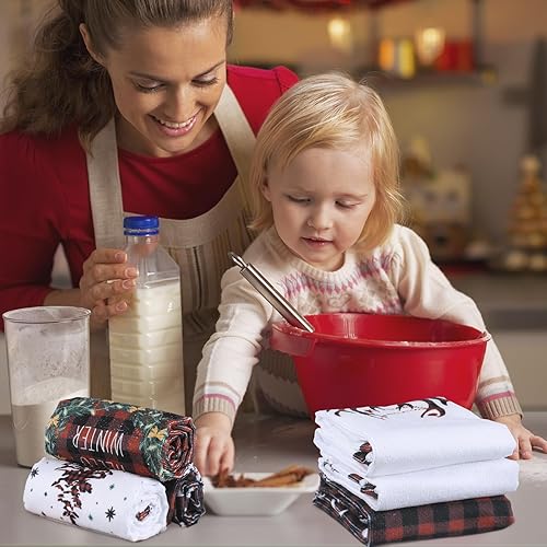 Miniatura 7 de Oudain Juego de 6 toallas de cocina y paños de cocina de Navidad a cuadros de búfalo de Navidad, juego de toallas de mano de cocina de invierno,