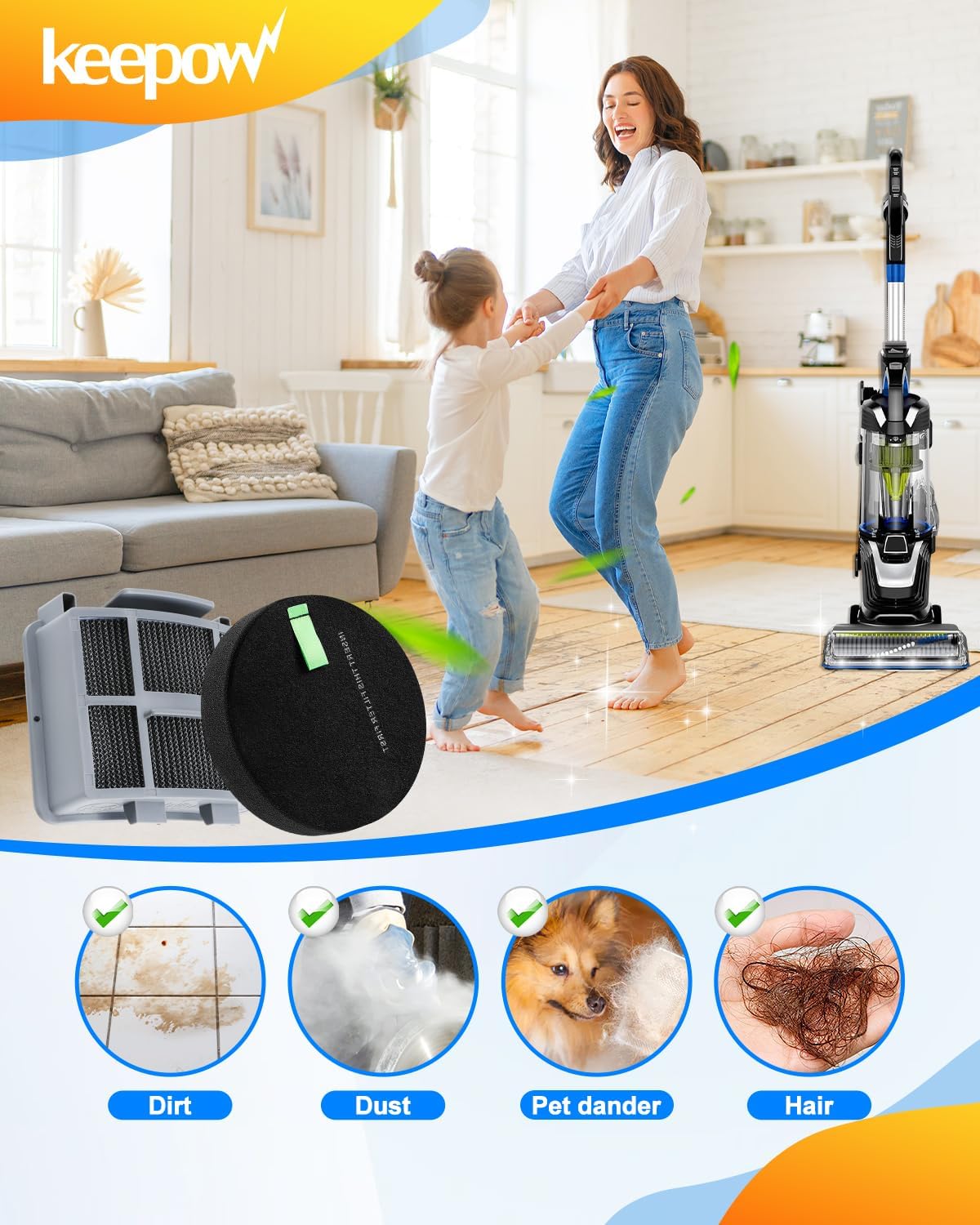 KEEPOW Vacuum Filter Compatible with Bissell Pet Hair Eraser 39883 3418 3774F 3409 3774 3774G 3775 3415 3404 3402 SurfaceSense Lift-Off Vacuum, Part #1635630 1603437 1635629, 6+3 Pack