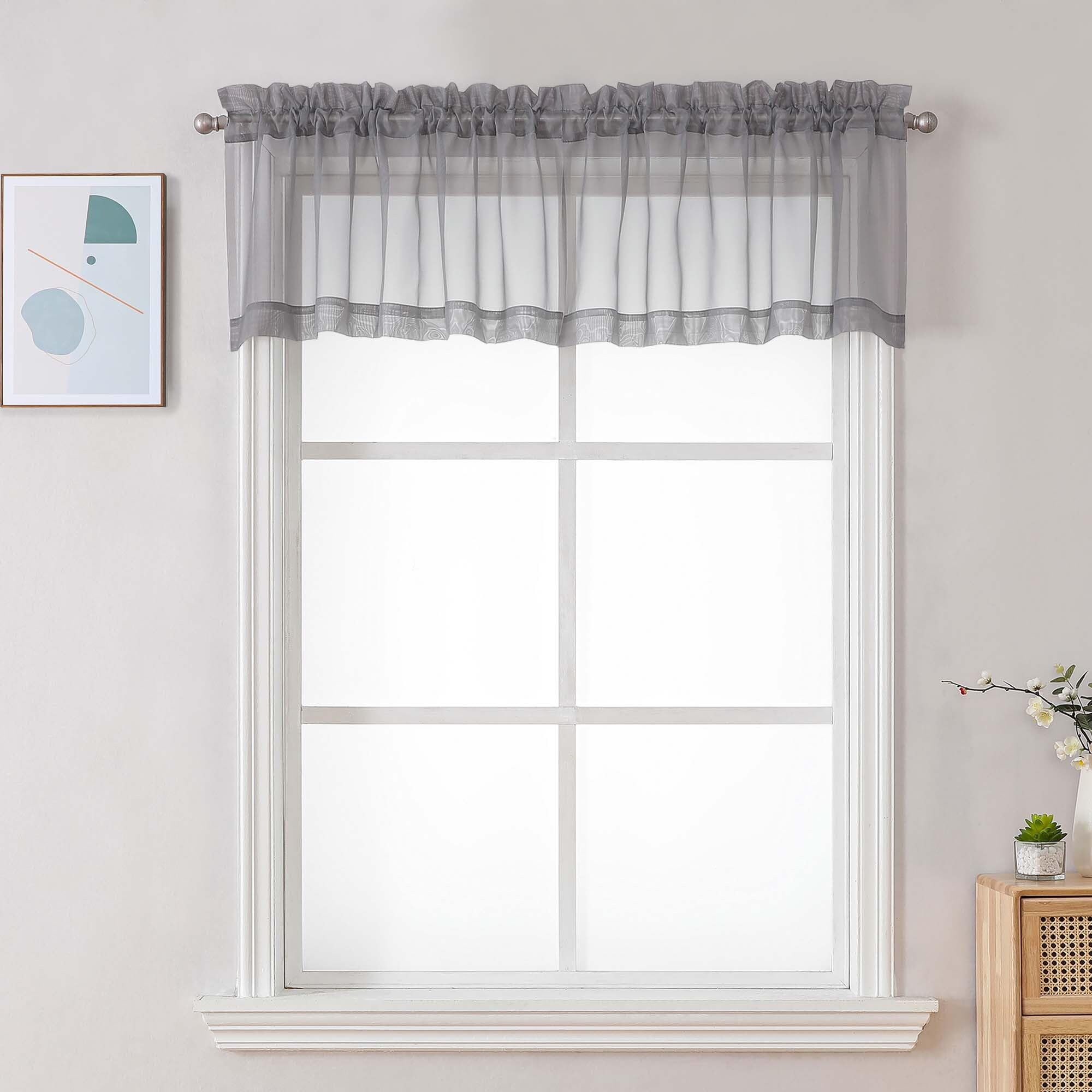Chyhomenyc Charcoal Grey Sheer Valances for Windows - Light Filtering Small Kitchen Curtains, Rod Pocket Short Top Window Treatment Decor for Living Room Bathroom Basement, 42Wx16L inches, 2 Panels