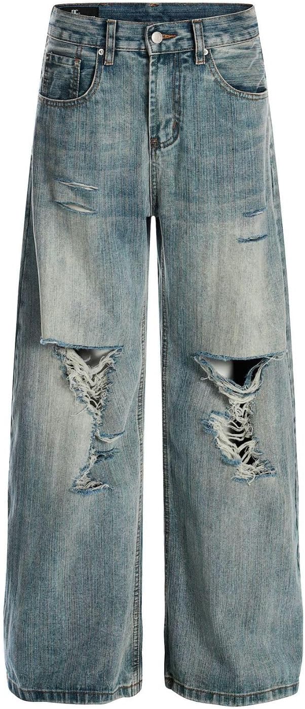 バギージーンズ レディース メンズ リッピング ストレートレッグパンツ ハイウエスト ダメージジーンズ Y2K グランジ 夏服