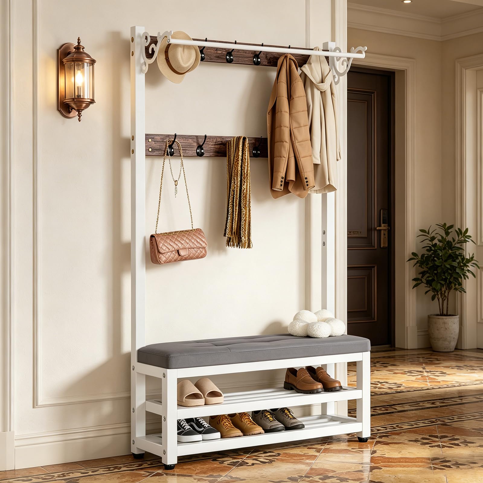Appendiabiti Con Panca e Scarpiera, Stand Portabiti Con 2 Ripiani, Ingresso in Metallo, Altezza 170 cm L:80/100CM