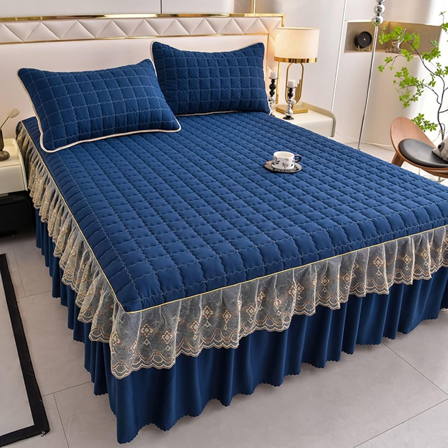 Beydodo Bed Skirt 48 x 78 inch, Bed Fitted Sheet Pink with Embroidered Lace, Polycotton Mattress Protector 120x200cm