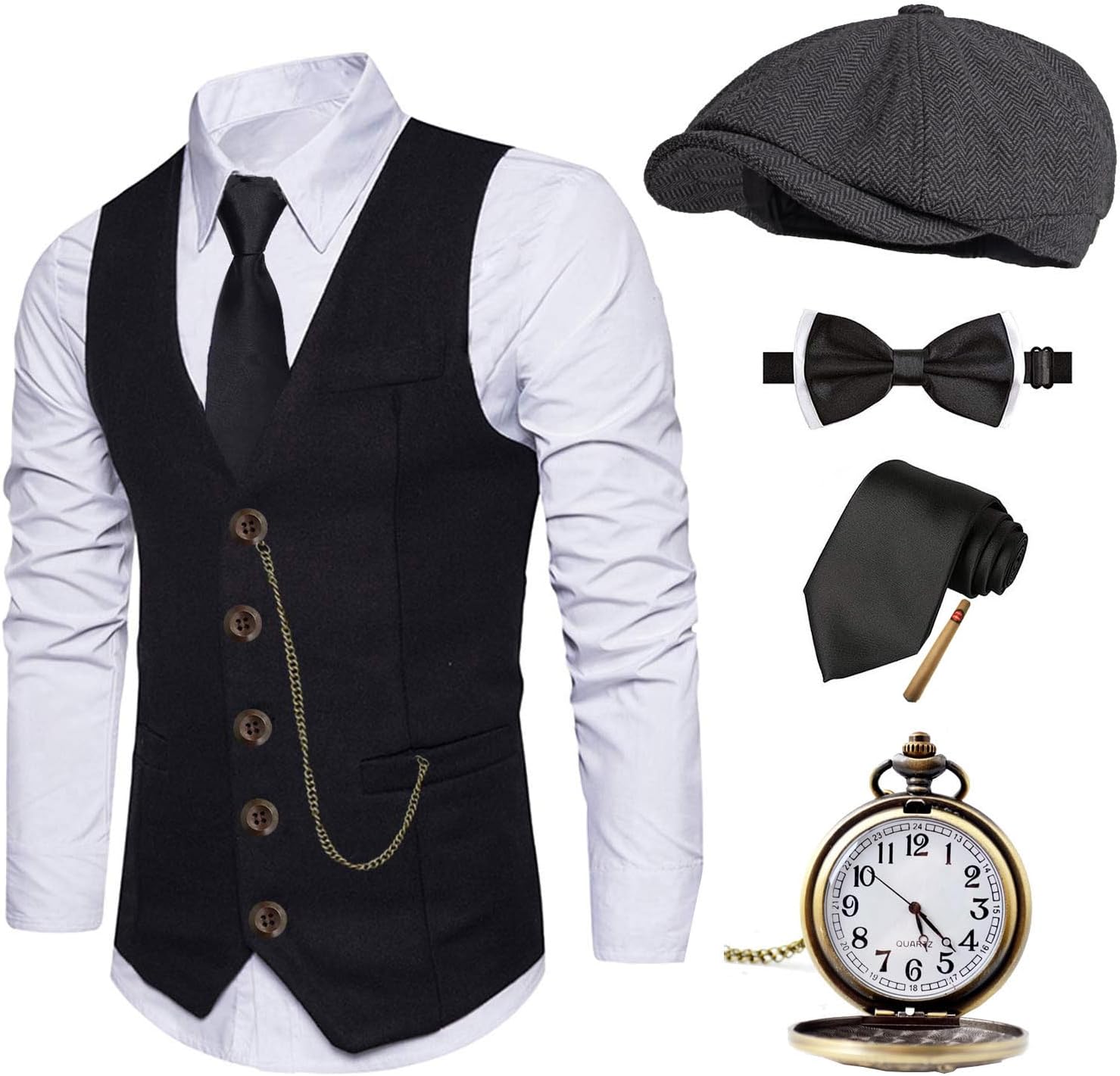 EFORLED Halloween 1920s Mens Costume 2025,Gatsby Gangster Vest,Vintage Pocket Watch,Pre Tied Bow Tie,Tie