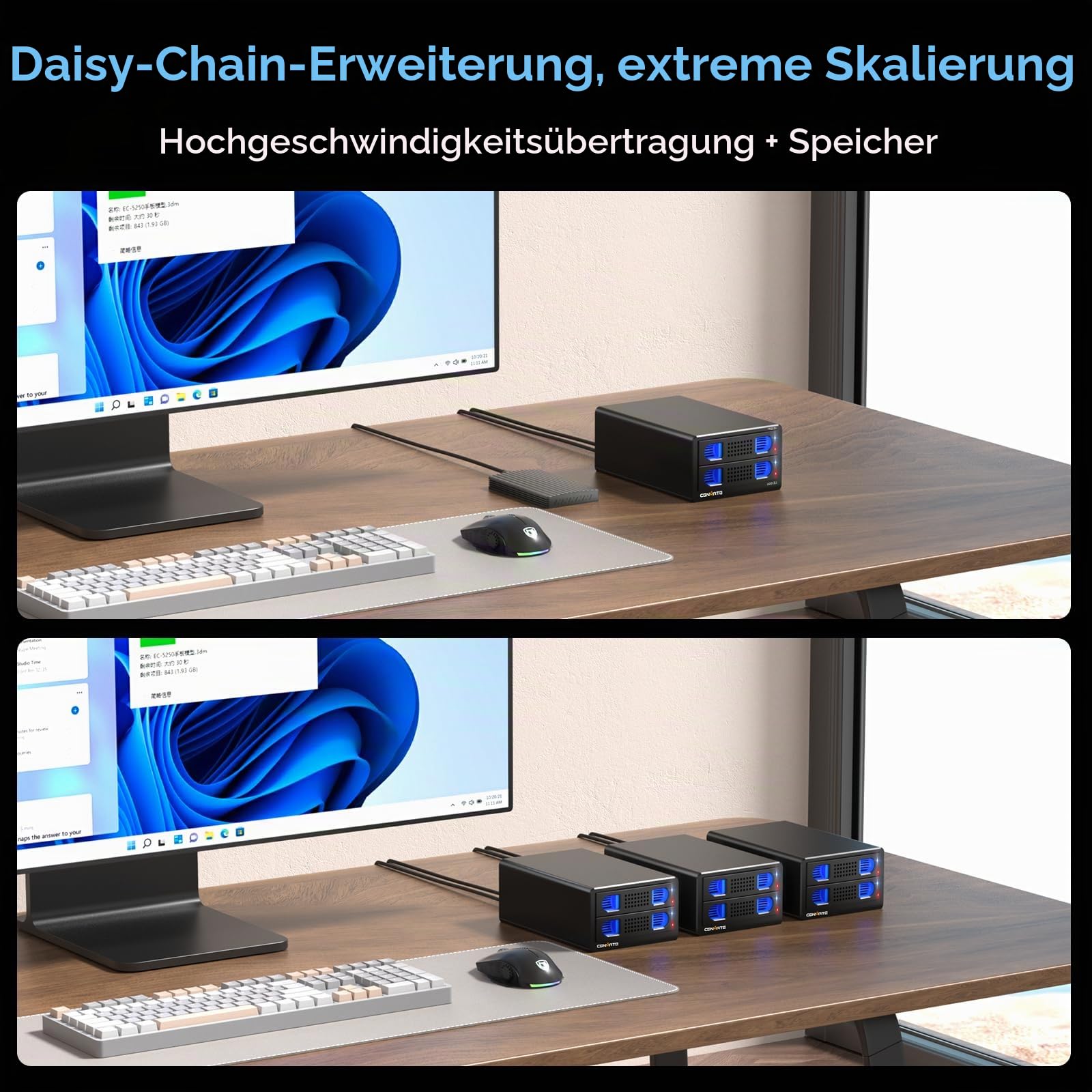Festplattengehäuse, CENMATE 10Gbps Aluminium Dual Bay Gehäuse mit Kühllüfter für 2.5/3.5 SATA HDD/SSD mit USB A/C 3.2 Kabel, unterstützt Hot Swappable, werkzeugfrei HDD Gehäuse, DAS(NO RAID/NAS)