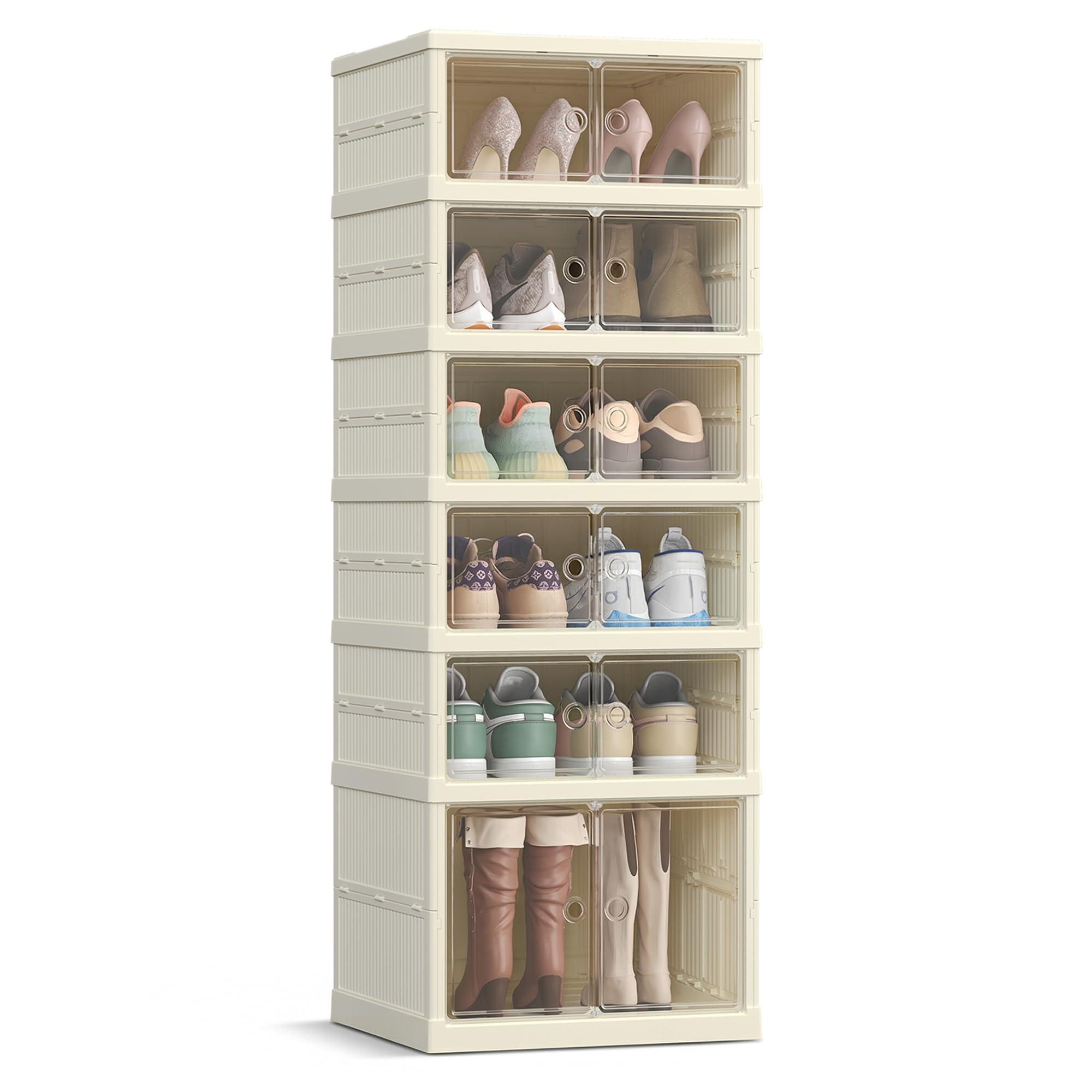 SONGMICS Shoe Cabinet, Slim Foldable Shoe Rack Organiser, Clear Door, for 12 Pairs, for Boots, Trainers, Hallway, Living Room, 6 Tiers, Cream White LSP912WD01