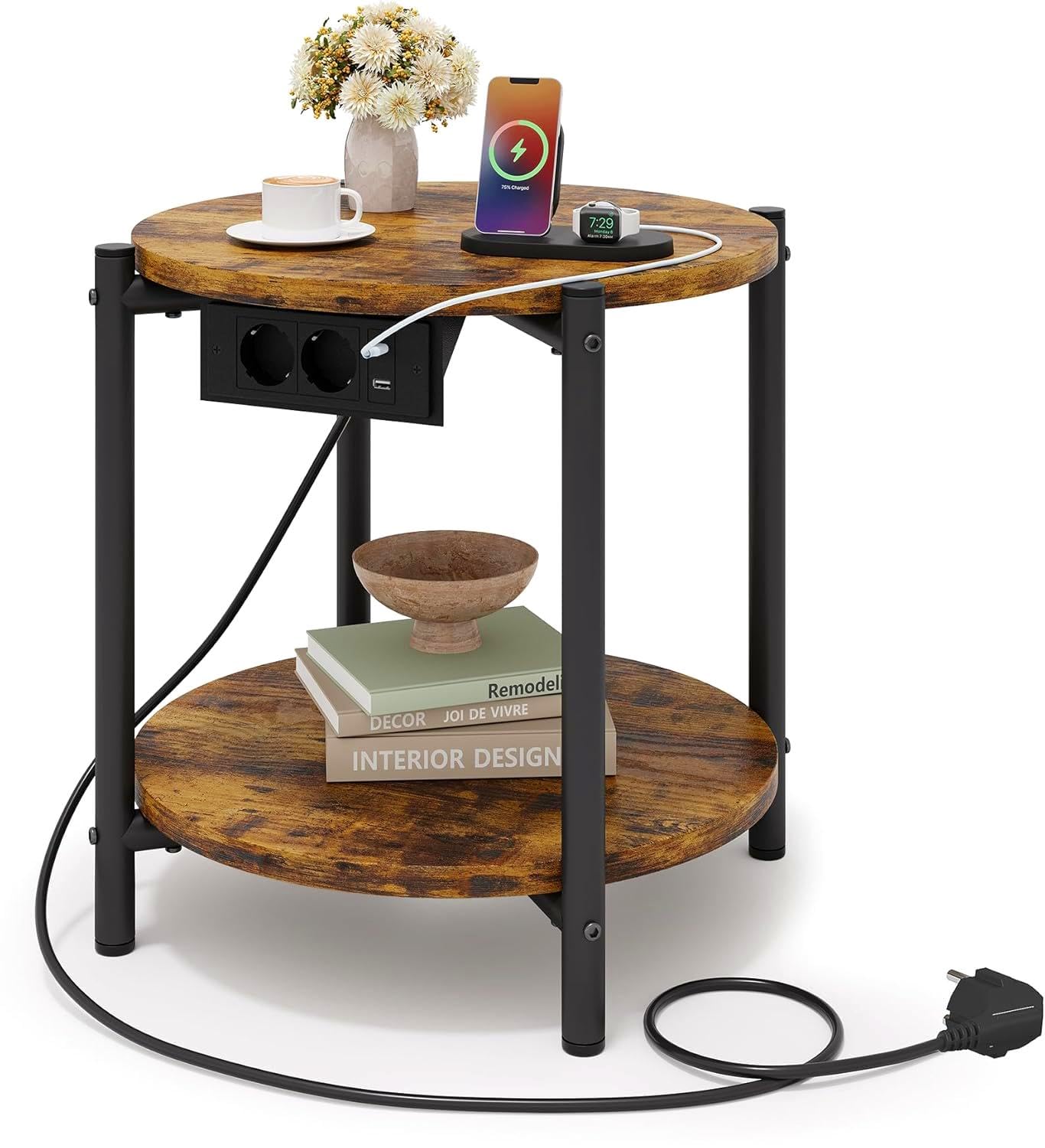 IRONCK Round Side Table, Coffee Table with Socket, Small Wooden Table, Living Room Table, 2 Shelves, Sofa Table, USB  Type-C Connection, Metal Frame, Bedside Table for Bedroom ⟮Black, Pack of 1⟯