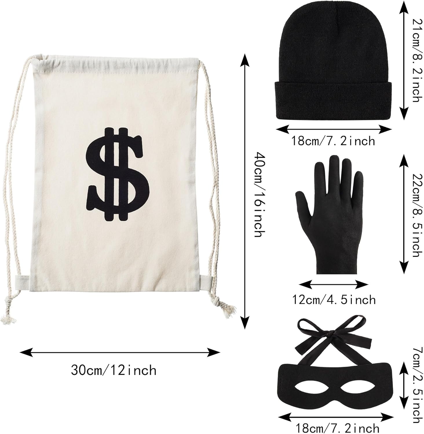 Robber Costume Set Halloween, Includes T-shirt Beanie Cap Money Bag Eye Mask Gloves for Adult Cosplay Theme Party - Image 9