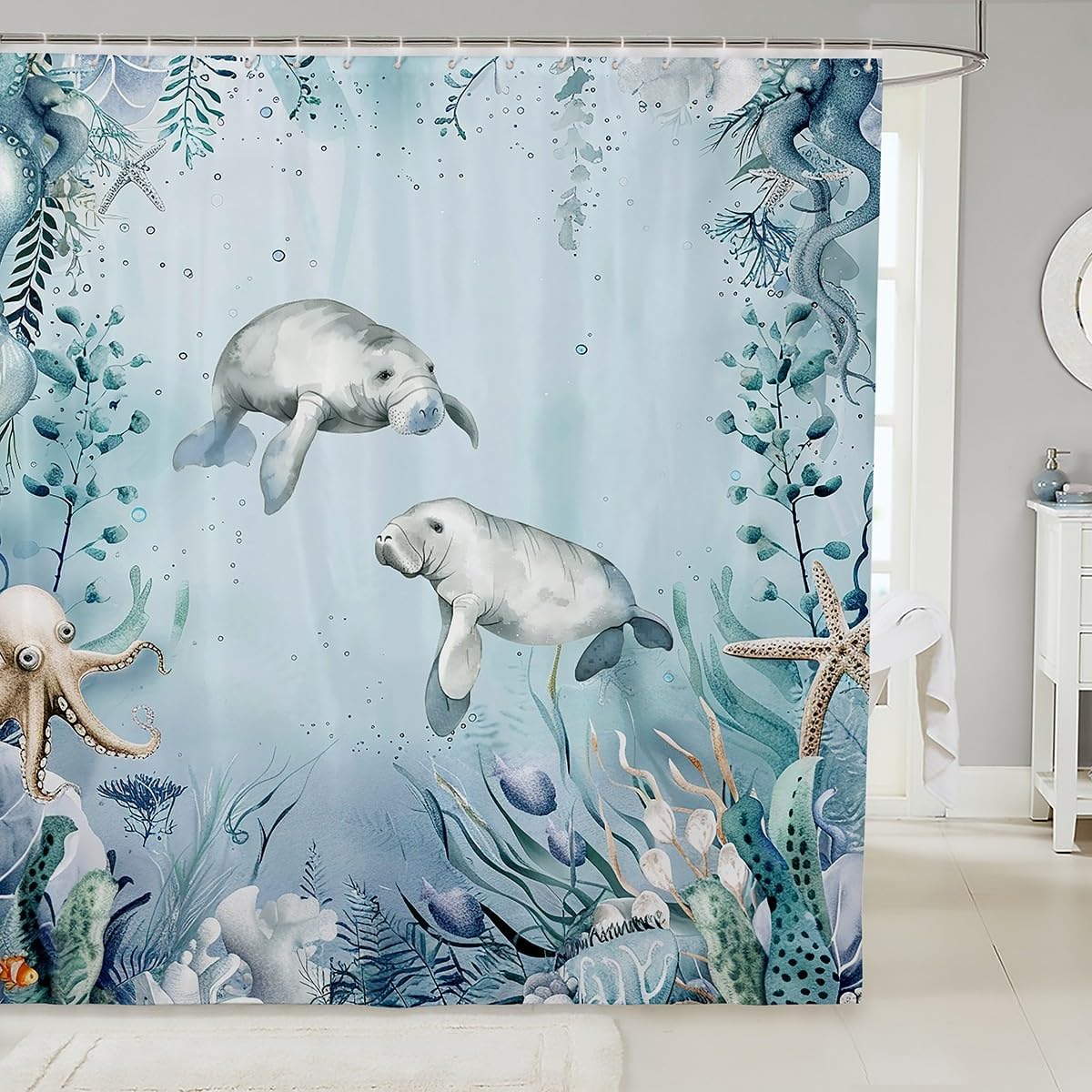 Erosebridal Manatee Teal Blue Beach Coastal Ocean Curtain 72" Wx78 L, Starfish Octopus Tentacles Bathroom Underwater Creature Coral Kawaii Fish Shower Curtain