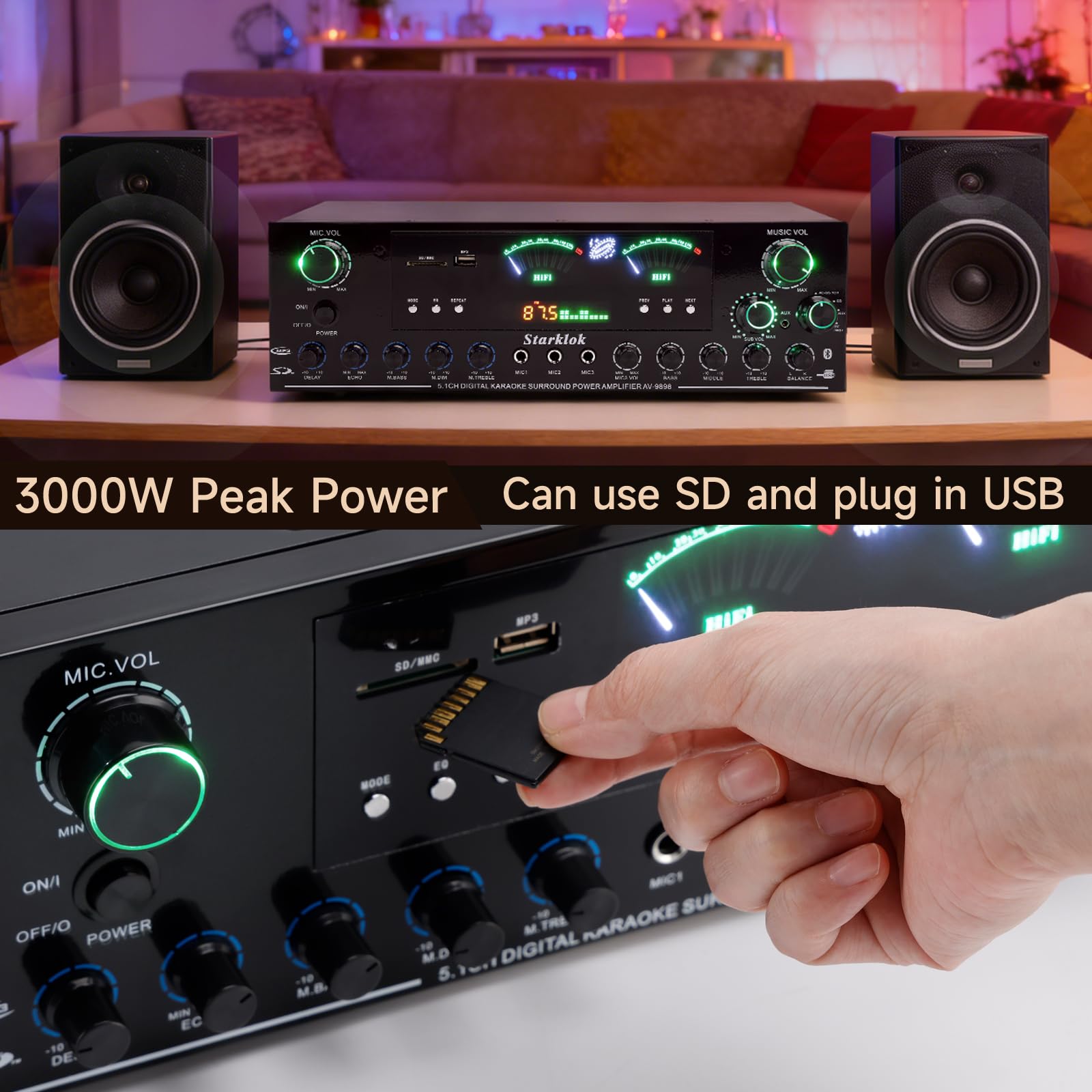 Amplificatore HiFi stereo 5.1 canali da 3000W di picco, amplificatore per home theater con subwoofer, Bluetooth 5.0, riproduzione USB/SD, TRE ingressi microfonici