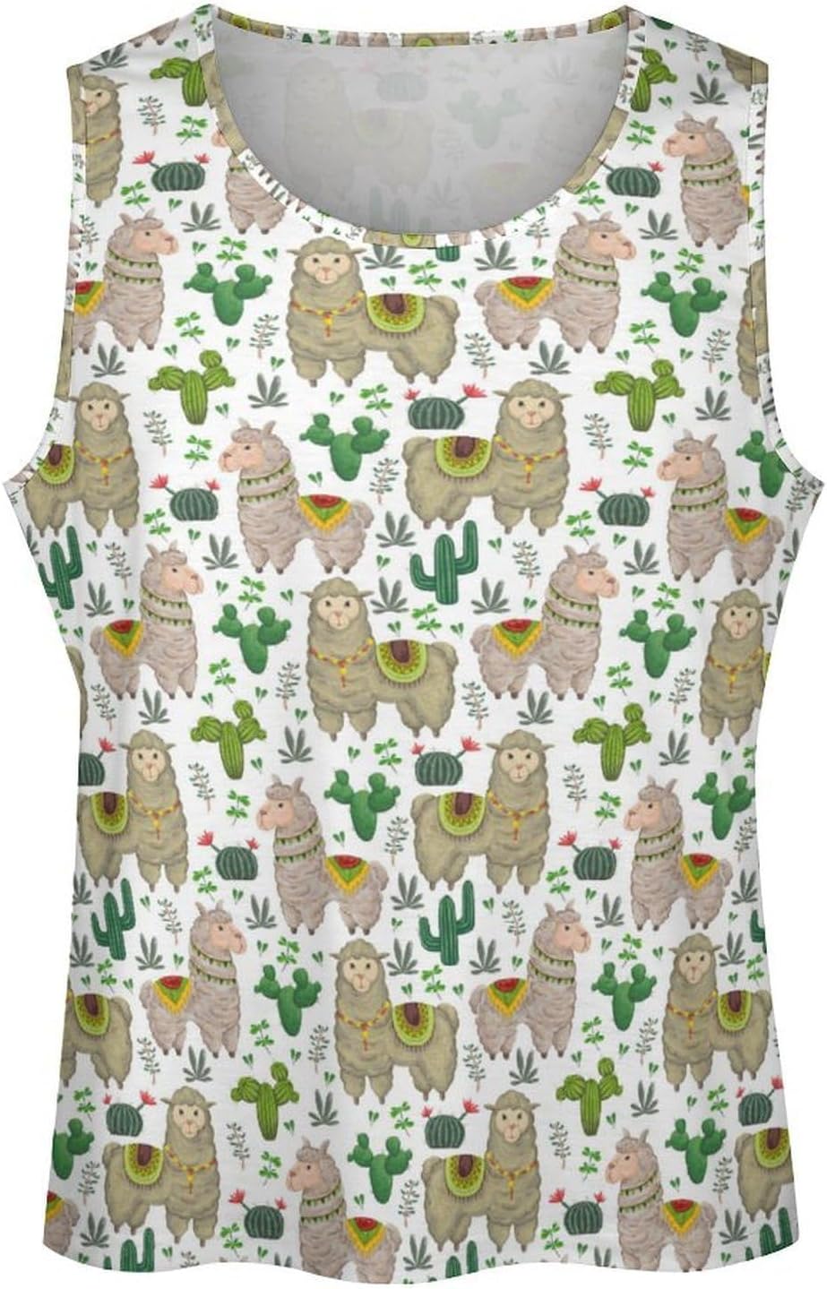 Boho Alpaca Cactus Pattern Mens Tank Tops Sleeveless Muscle Shirts Beach Casual Gym Shirt Vest Tee Tops