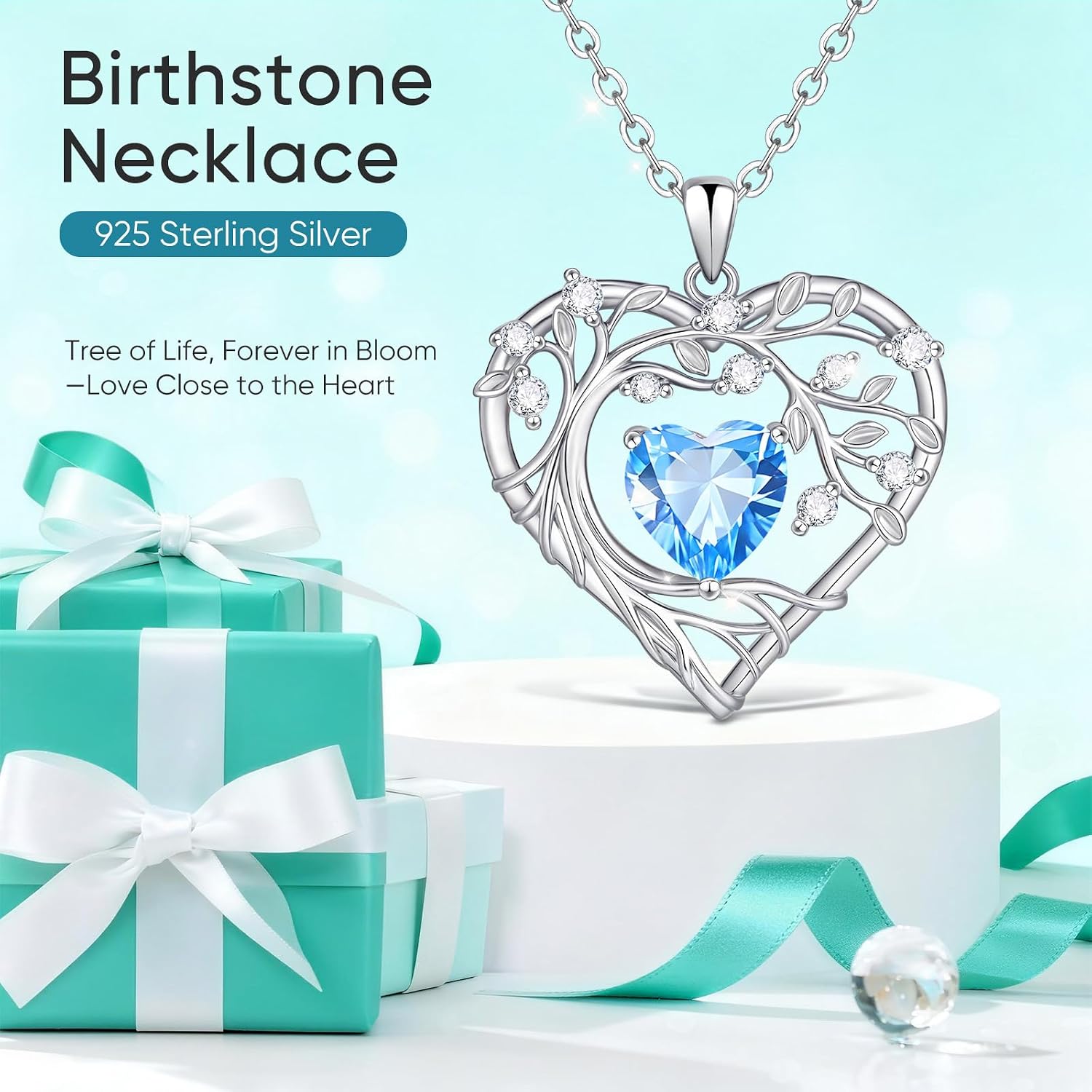 Tree of Life Birthstone Pendant Necklace - 925 Sterling Silver Heart Cubic Zirconia Diamond Women Pendant Necklaces for Her Daughter Girlfriend Birthday Gift Ideas for Wife Mom for Valentines Day