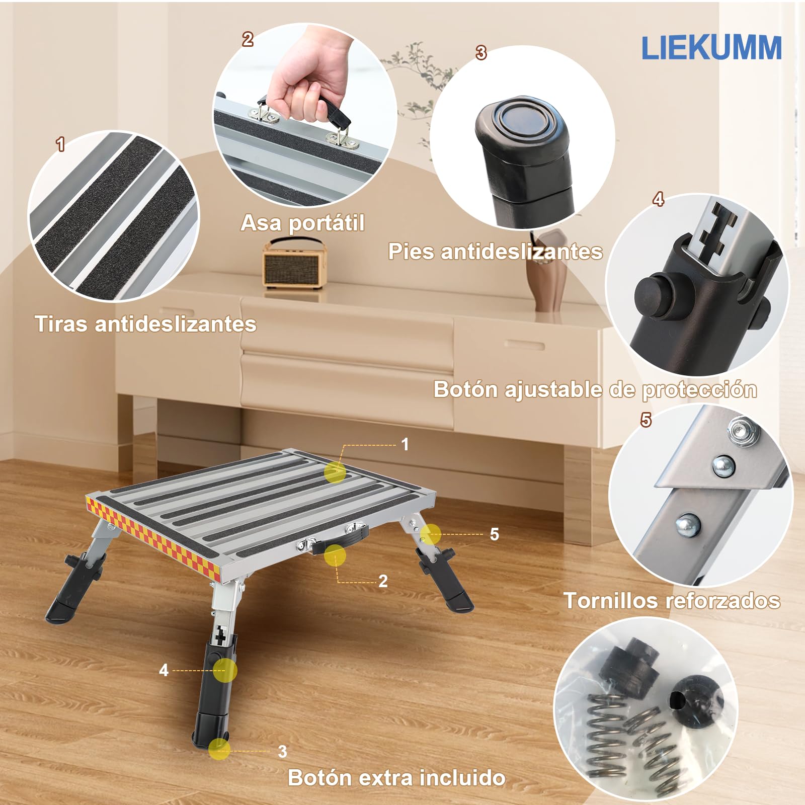 LIEKUMM Taburete Plegable de Aluminio, 48 x 37 cm, con Superficie de Goma Antideslizante, hasta 450 kg, Adecuado para Cocina, Autocaravana, SUV, Caravana, o como reposapiés para el hogar