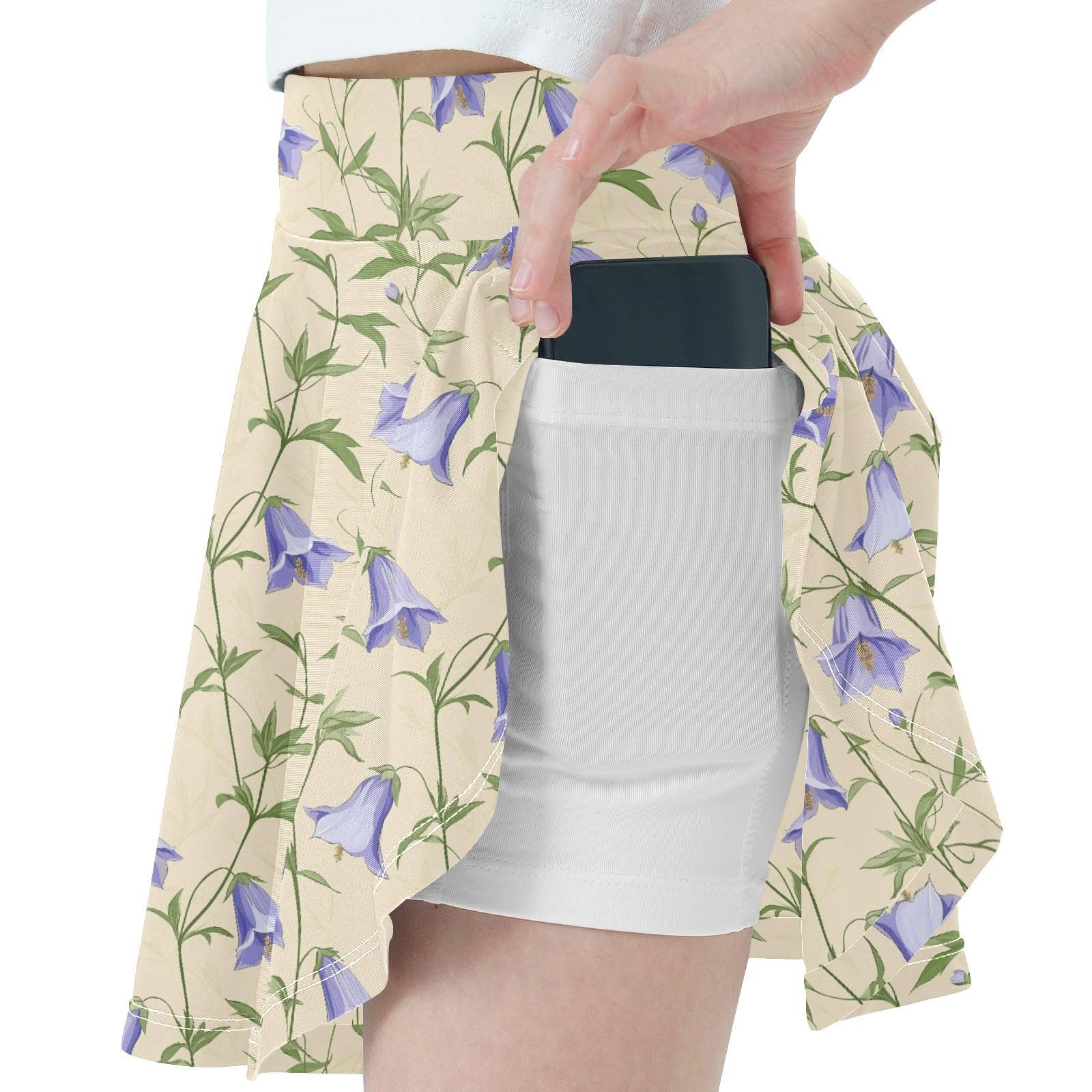 JUNZAN Bellflower Beige Flowy Girls Athletic Skirt with Shorts Girl Pleated Skirt with Pockets Little Girl Skorts