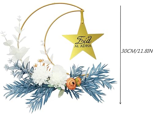 Miniatura 7 de Decoraciones de coronas de Eid Al-adha Mubarak, coronas de media luna de metal Hajj Mubarak con estrellas, flores artificiales, puerta de guirnalda