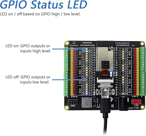 Freenove Breakout Board for ESP32 / ESP32-S3 WROVER WROOM, Terminal Block Shield HAT with Pin Header, 5V 3.3V Power Outputs, GPIO Status LED