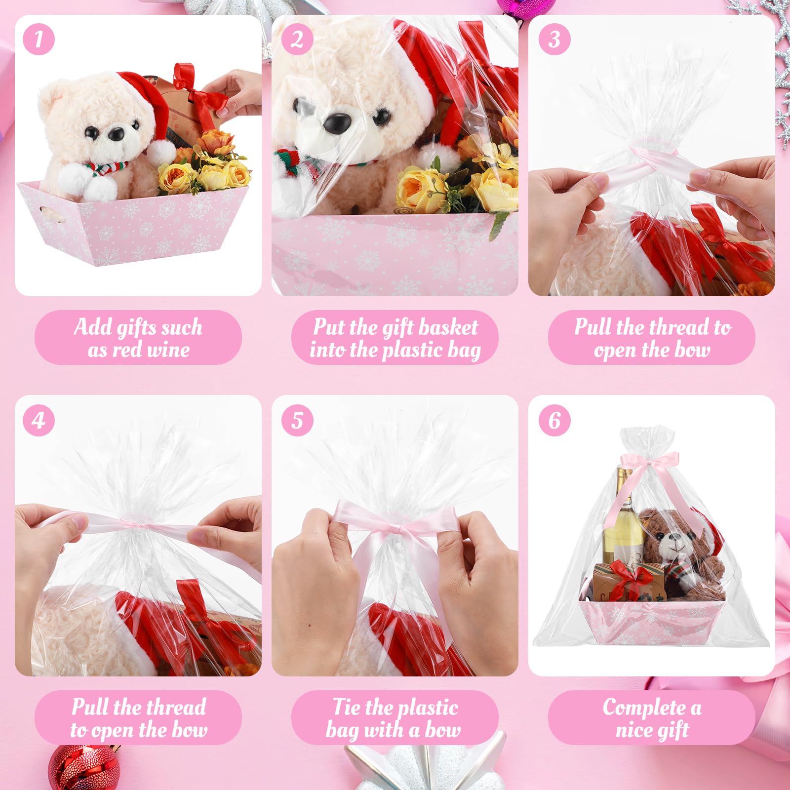 Cinnvoice Paquete de 6 cestas de Navidad vacías para regalos, cestas de Navidad vacías con bolsas, lazos, cintas, cestas de regalo a granel, bandejas con asas para Navidad, vacaciones, fiestas de