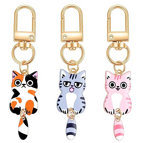 Ouligay 3 PCS Cat Keyring Keychain Key Chains Women Cute Kawaii Keychain Mini Cat Key Chain Bag Charms Thanksgiving Birthday Gifts Christmas Stocking Stuffers for Dad Mom Catty Lovers Gag Gifts