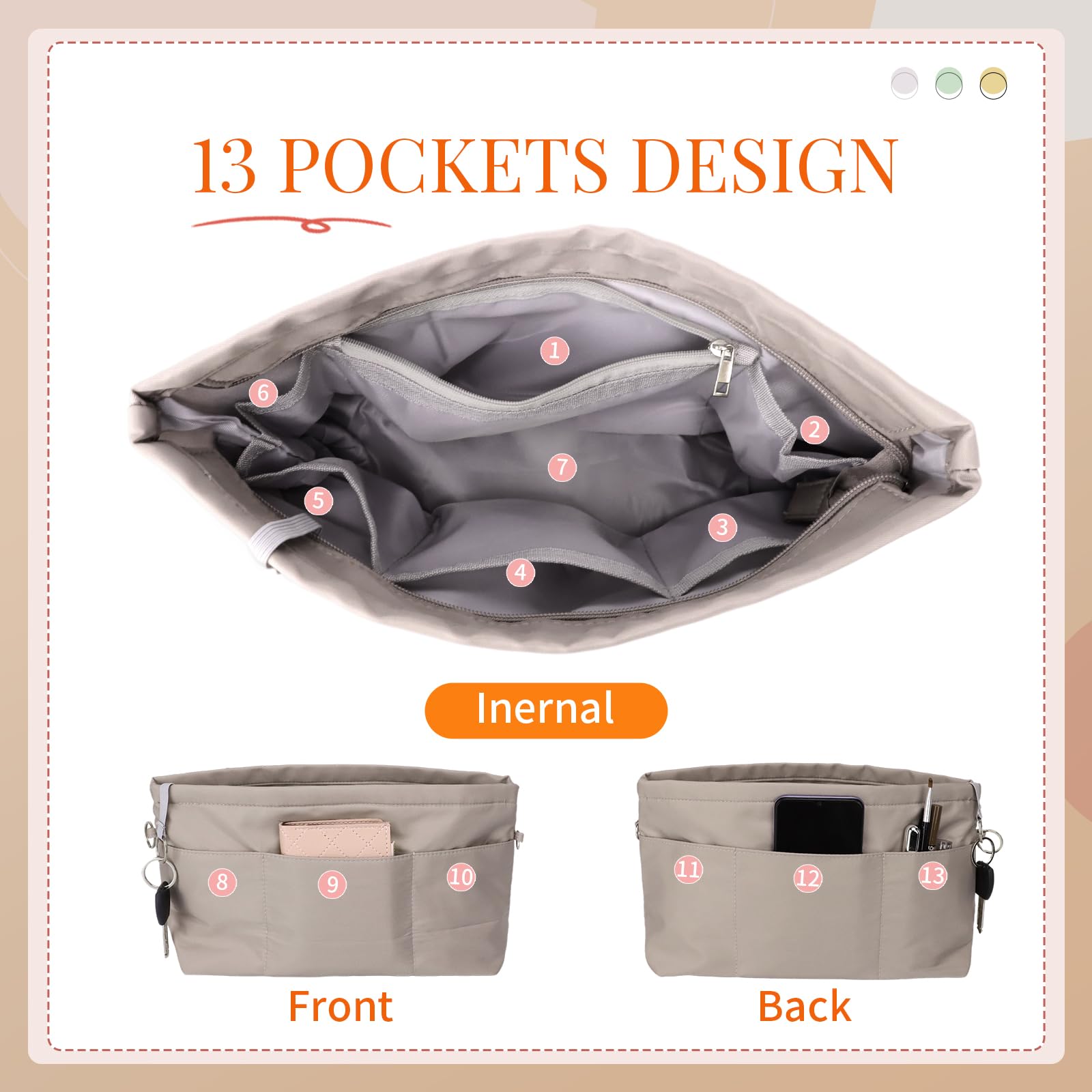 Inserto organizer per borse tote, borsa, zaino, 13 tasche, nylon impermeabile, portachiavi per un facile accesso, adatto a Longchamp e altro, design a forma trapezoidale (grigio, L)