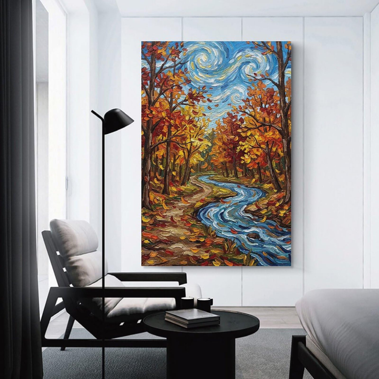 Junmoney Autumn Forest Stream Painting Decorative Canvas Print 08x12inch(20x30cm), for Apartment Walls, Studios Or Work Areas, Home Artwork for Modern Interiors