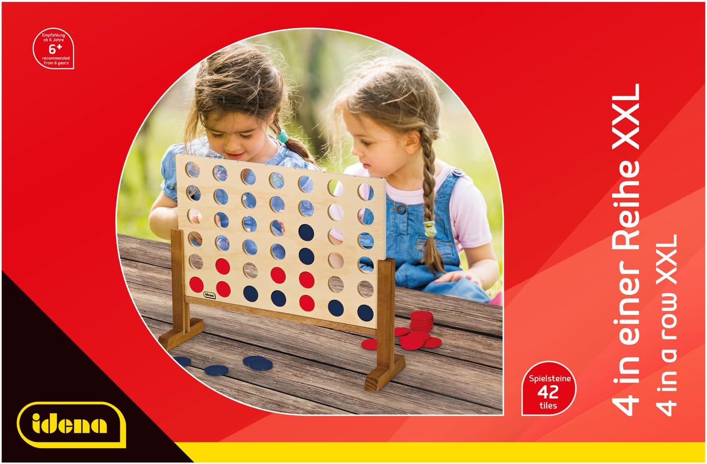 Idena 40378 Wooden Game 4 in a Row XXL, 21 Blue Stones and 21 Red Stones, Size 45 x 56 x 17 cm, for Adults and Children from 6 Years, for Indoor and Outdoor Use, FSC 100%