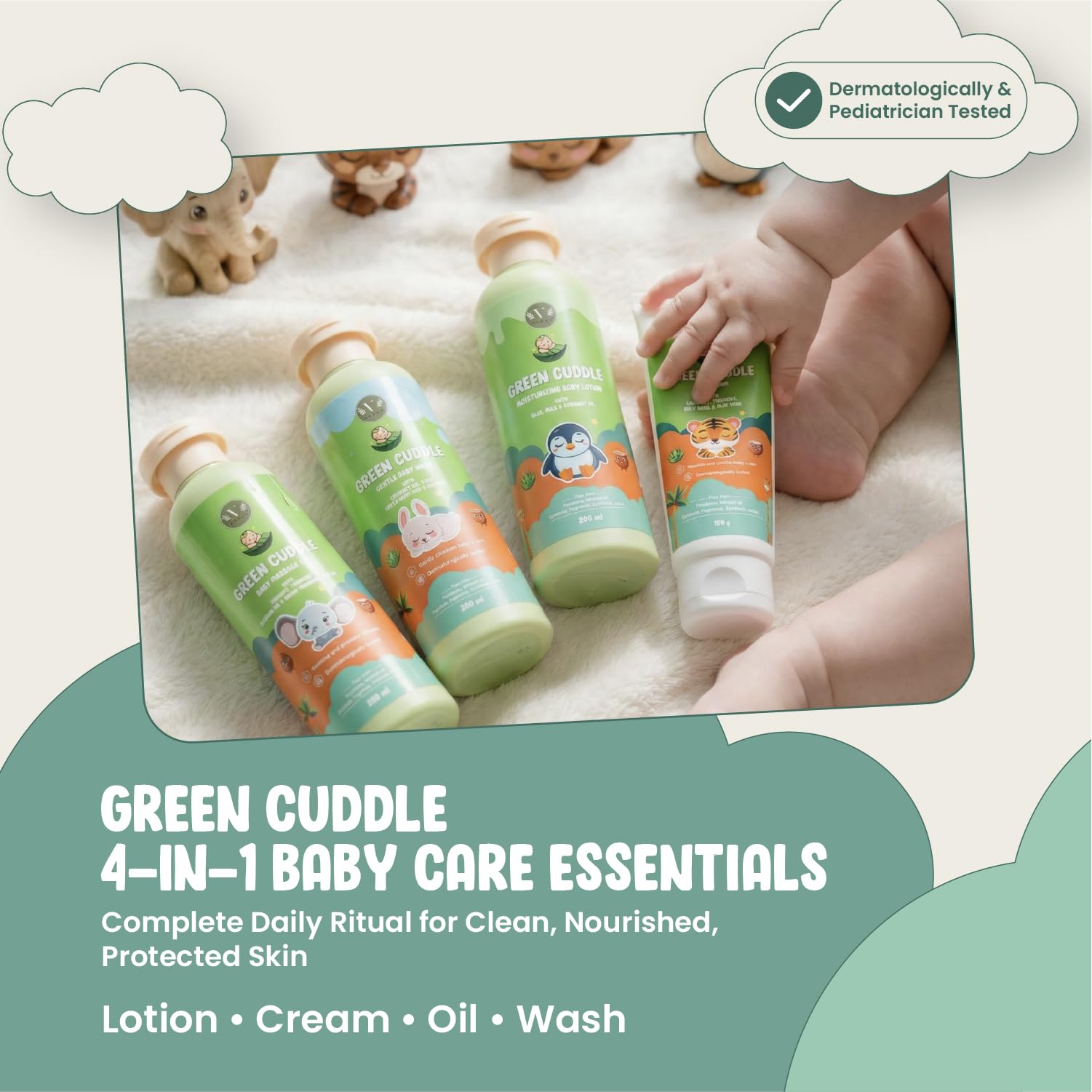Green Cuddle Babypflegeset | Ayurvedisches Tägliches Babyset – Massageöl, Baby Waschgel, Lotion & Babycreme | Sanft & Parabenfrei | Für Weiche & Gepflegte Babyhaut