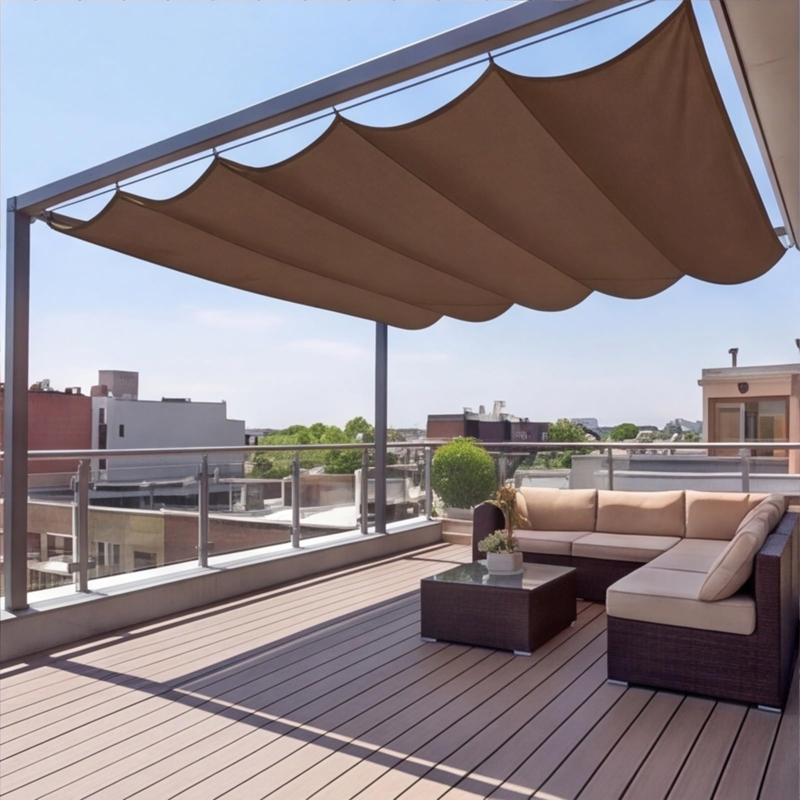 Markiza Wysuwana Świeca Cieniowa 190 x 390 cm Regulowana Pergola Ochrona UV Łatwe do zawieszenia Teleskopowe Fale Cieniowe Świeca Do Ogrodów Weranda Patio Grill, Brown