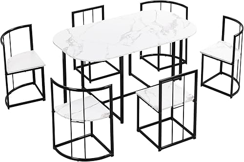 Miniatura 8 de Quarte Moderno juego de mesa de comedor de 7 piezas con mármol sintético, juego de mesa de cocina de metal compacto, diseño de silla triangular,