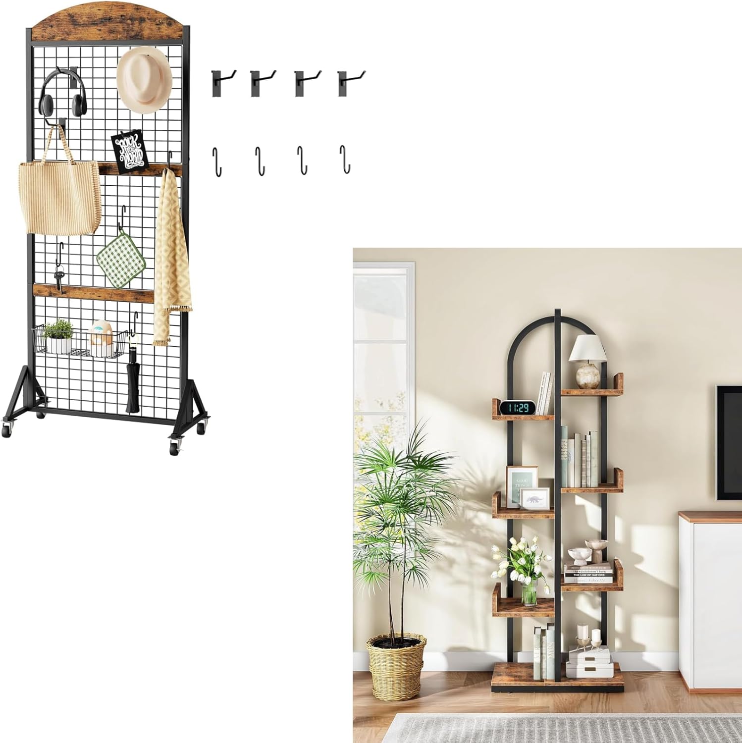 Grid Wall Panel 5.7’ x 2’ FT Grid Display Rack Corner Bookshelf, Curved 6-Tier Bookcase with Anti-Tip Kit, Adjustable Feet and Staggered Shelves