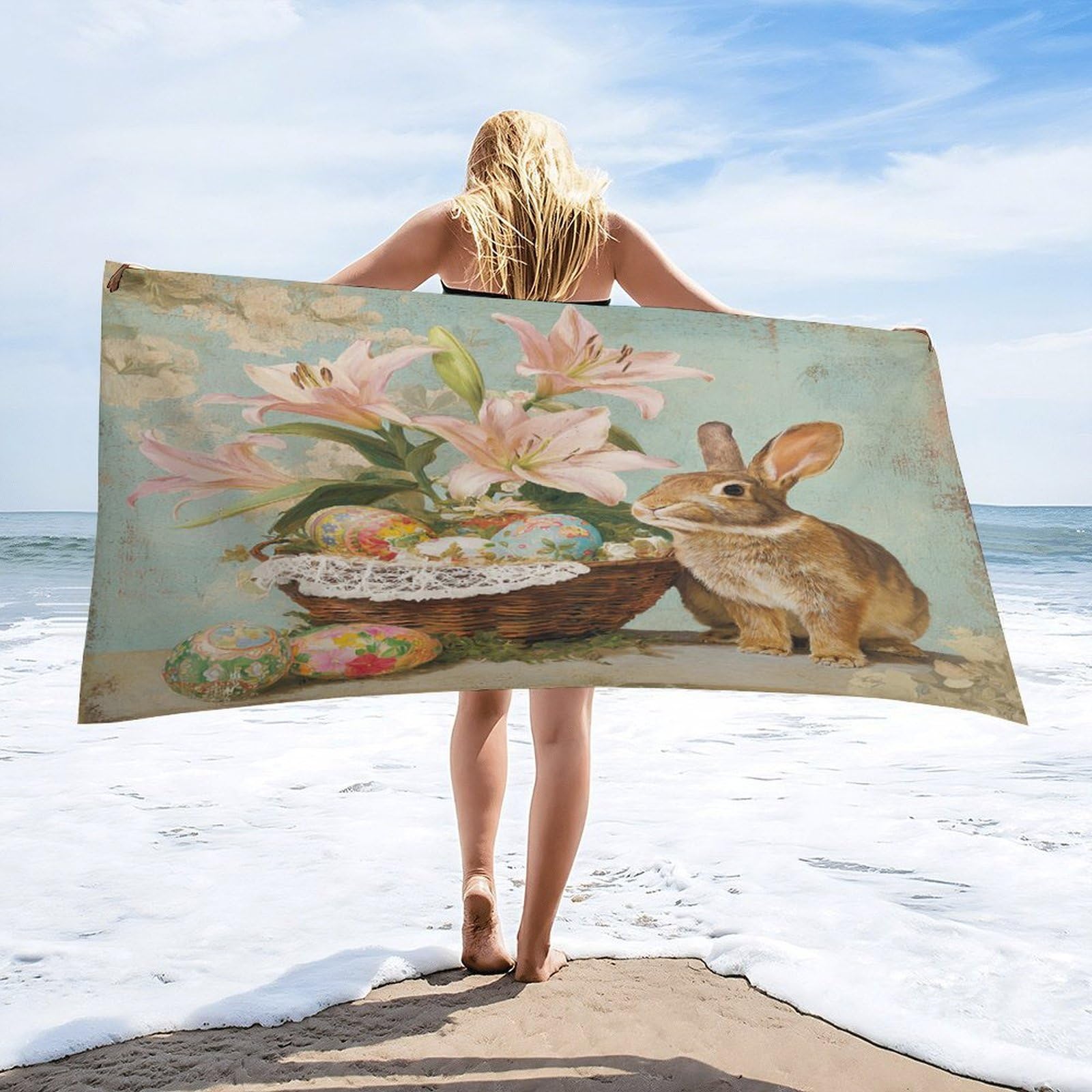 Luyysky Vintage Aesthetic Cute Rabbit Absorbent Beach Towel, Classic Abstract Easter Animal Bunny Plant Lilies Colorful Eggs Outdoor Single-Sided Velvet Beach Towel-80 W Cm X 160" L Cm