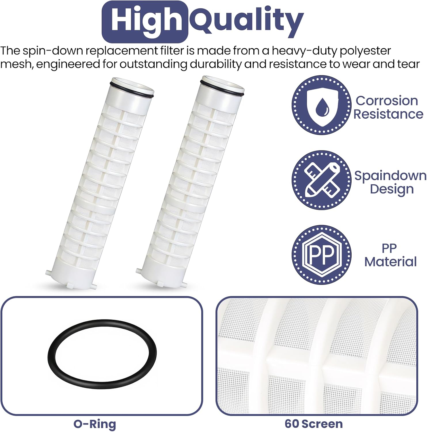 1-1/2" 60 Mesh Spin Down Replacement Filter, Fit for Rusco, Vu-Flow Systems Sediment Filter for Well Water, Irrigation Drinking Water Agriculture Industrial, Model FS-1-1/2-60, 2 Pack