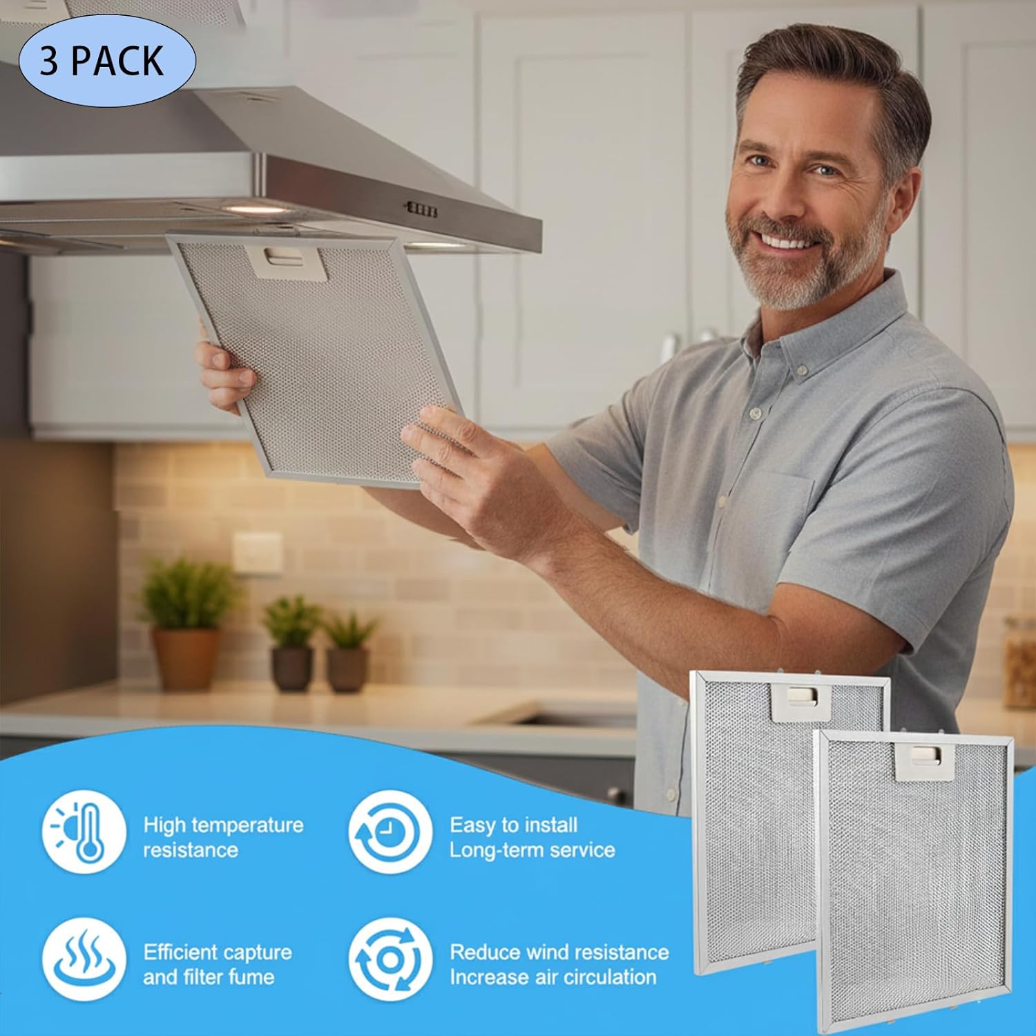 W10169961A Range Hood Grease Filter (3-Pack), 10.5" x 12" Upgraded 5-Layer Aluminum Mesh Vent Hood Filter Compatible with Whirlpool, KitchenAid, Jenn-Air, IKEA - Replaces W10875058, W11245983, 8190858