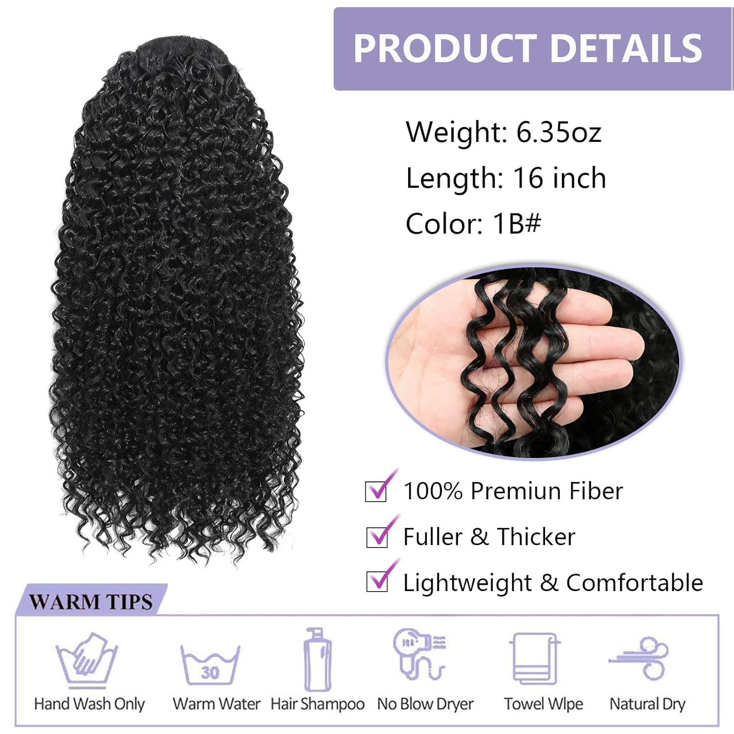 Curly Drawstring Ponytail Extension for Black Women 16 Inch Afro Kinky Curly Ponytail Drawstring Hair Extensions Synthetic Pony Tails Hairpiece for Daily Use(1B) - Image 2
