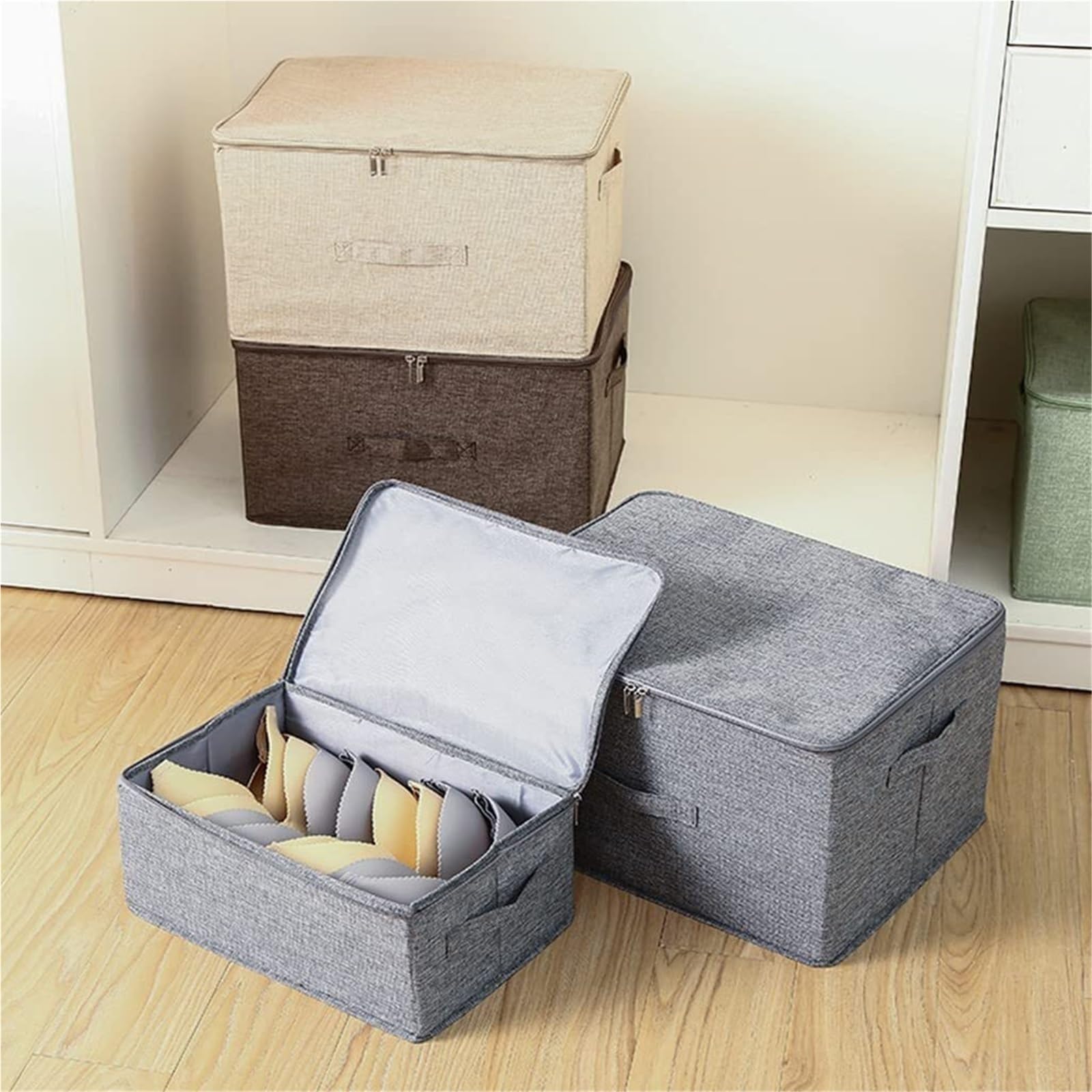 Bolsa de Almacenamiento Caja De Almacenamiento De Ropa Y Edredones, Organizador De Almacenamiento De Ropa De Cama De Algodón Y Lino Bolsa ropa Almacenaje(Beige,50x38x30cm)